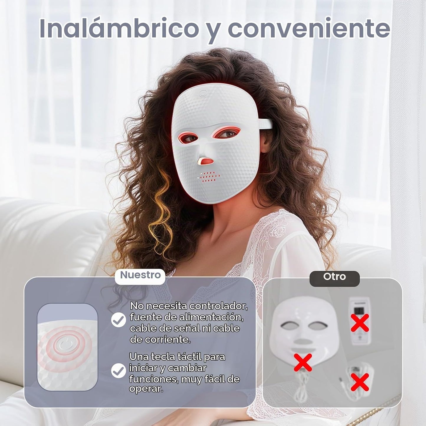 Terapia de luz roja para la cara, máscara facial LED inalámbrica, t...