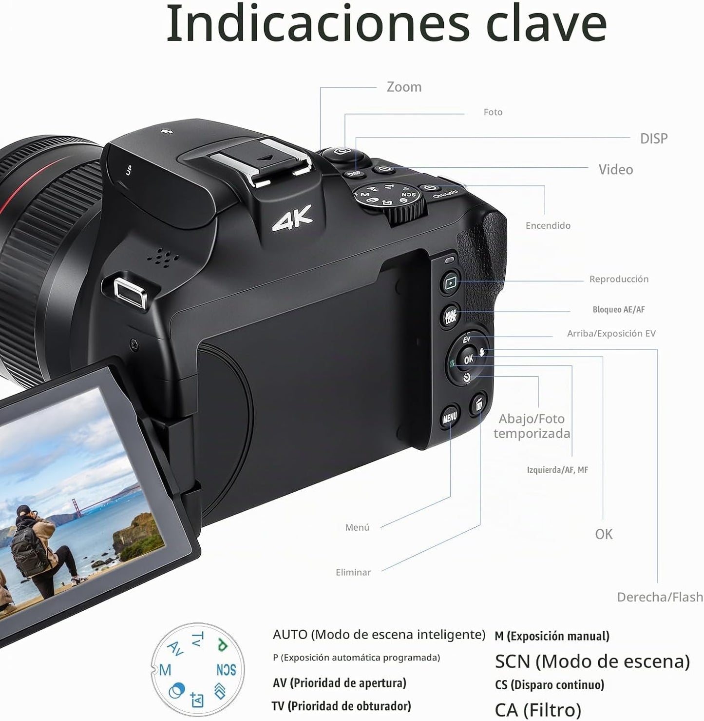 Cámara digital 4K para fotografía y video, cámara de zoom óptico 12...