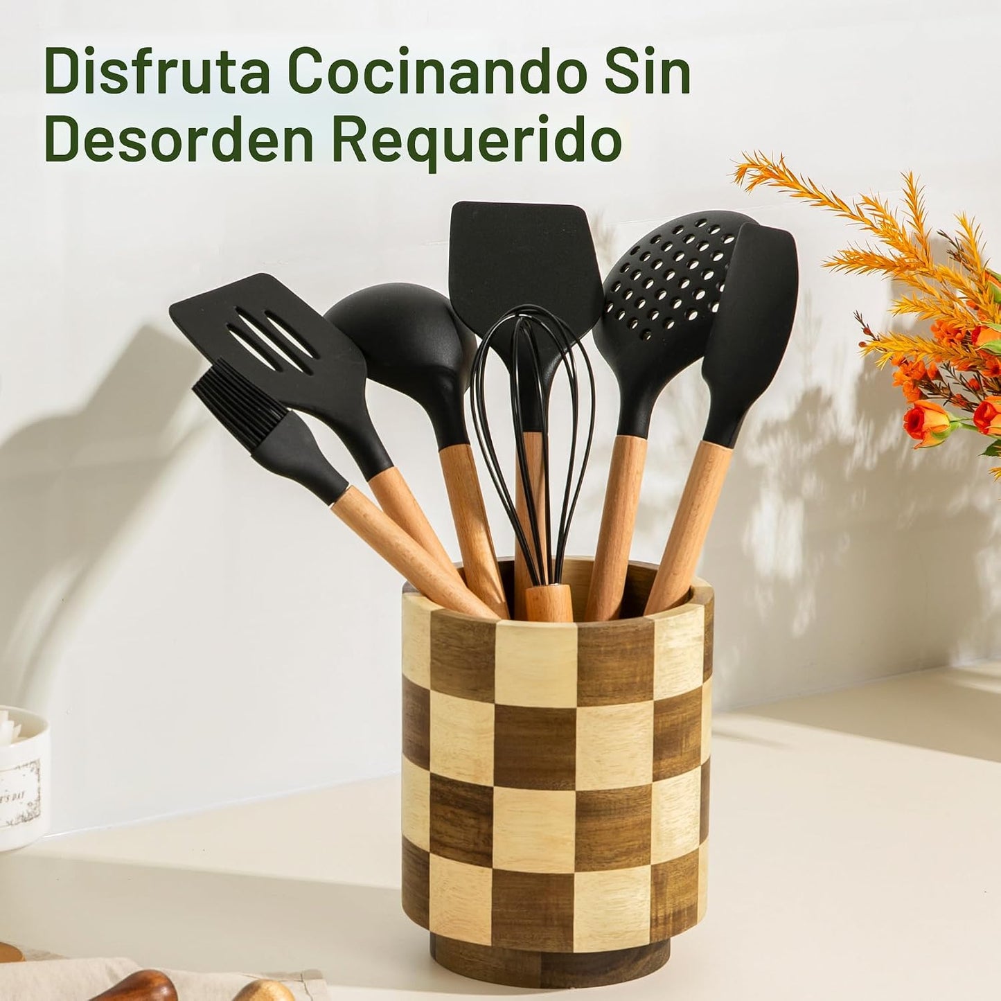 Fyctio Soporte de utensilios de madera, 360 ° giratorio a cuadros s...