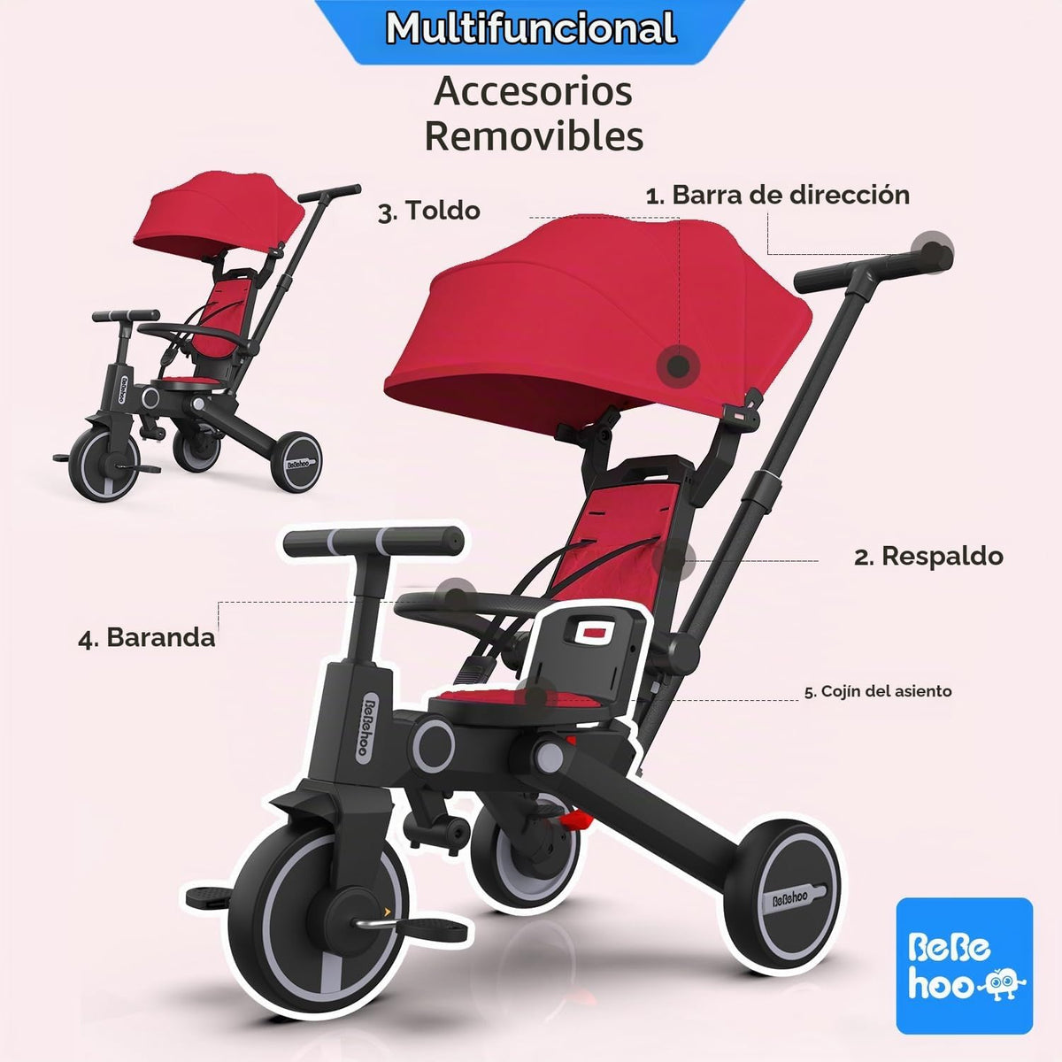 Bebehoo Cochecito de triciclo para niños pequeños, triciclo plegabl...