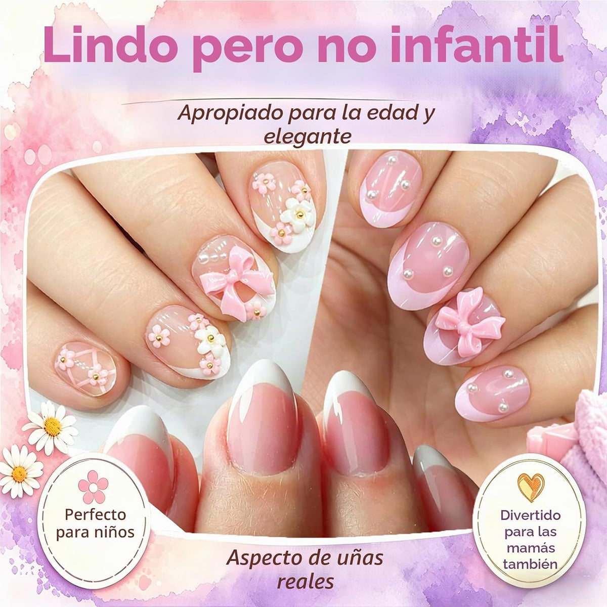 72 uñas a presión para niños, uñas francesas con perlas, lazos, flo...