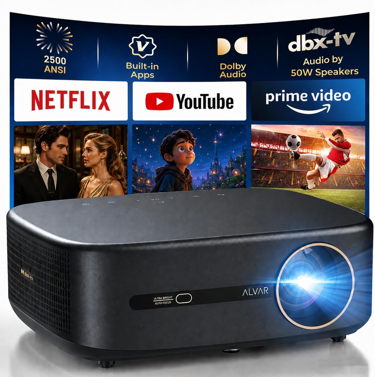 Proyector inteligente compatible con 4K actualizado Alvar con 2500...