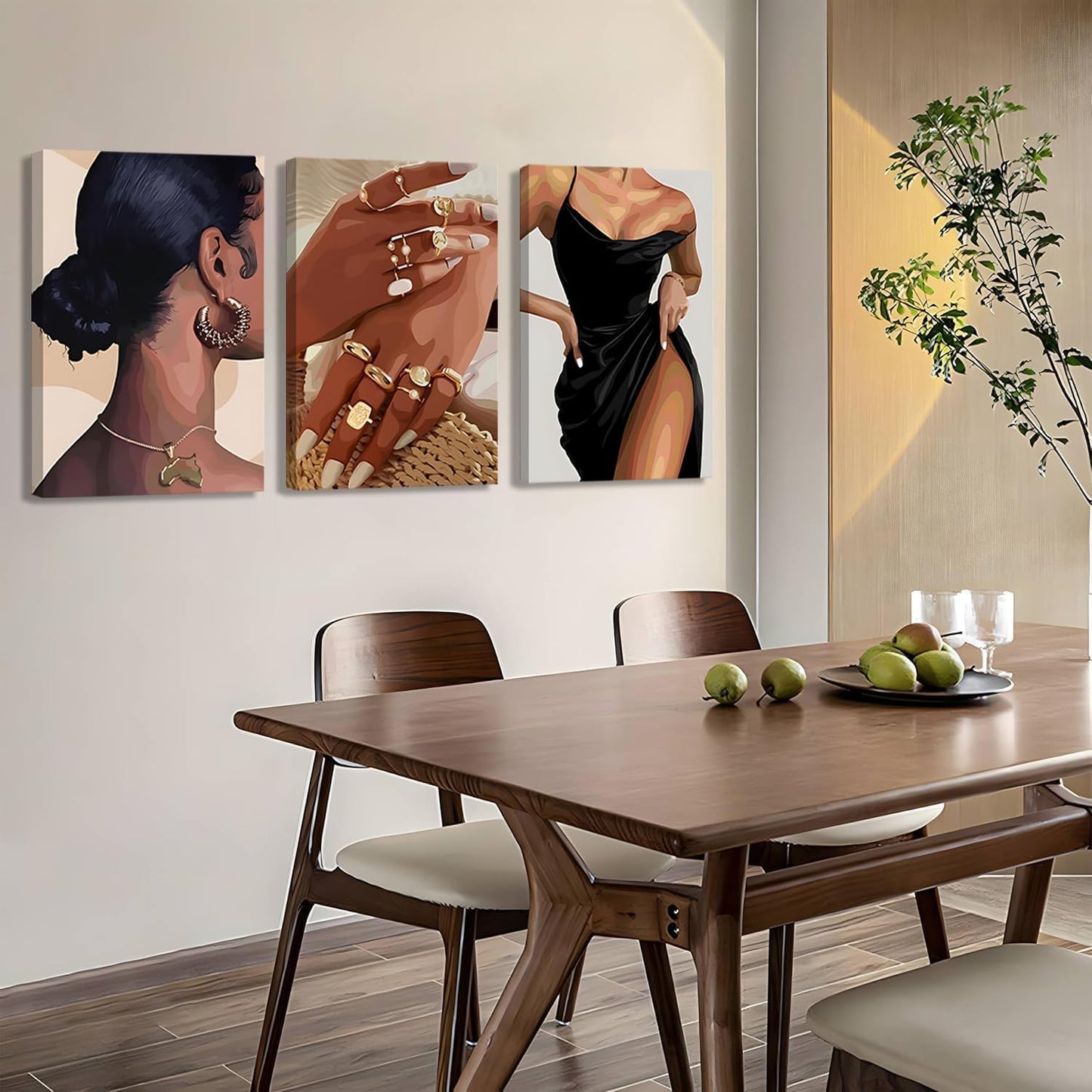 Elegante Arte de Pared de Mujer Negra Juego de 3, Pintura Abstracta...