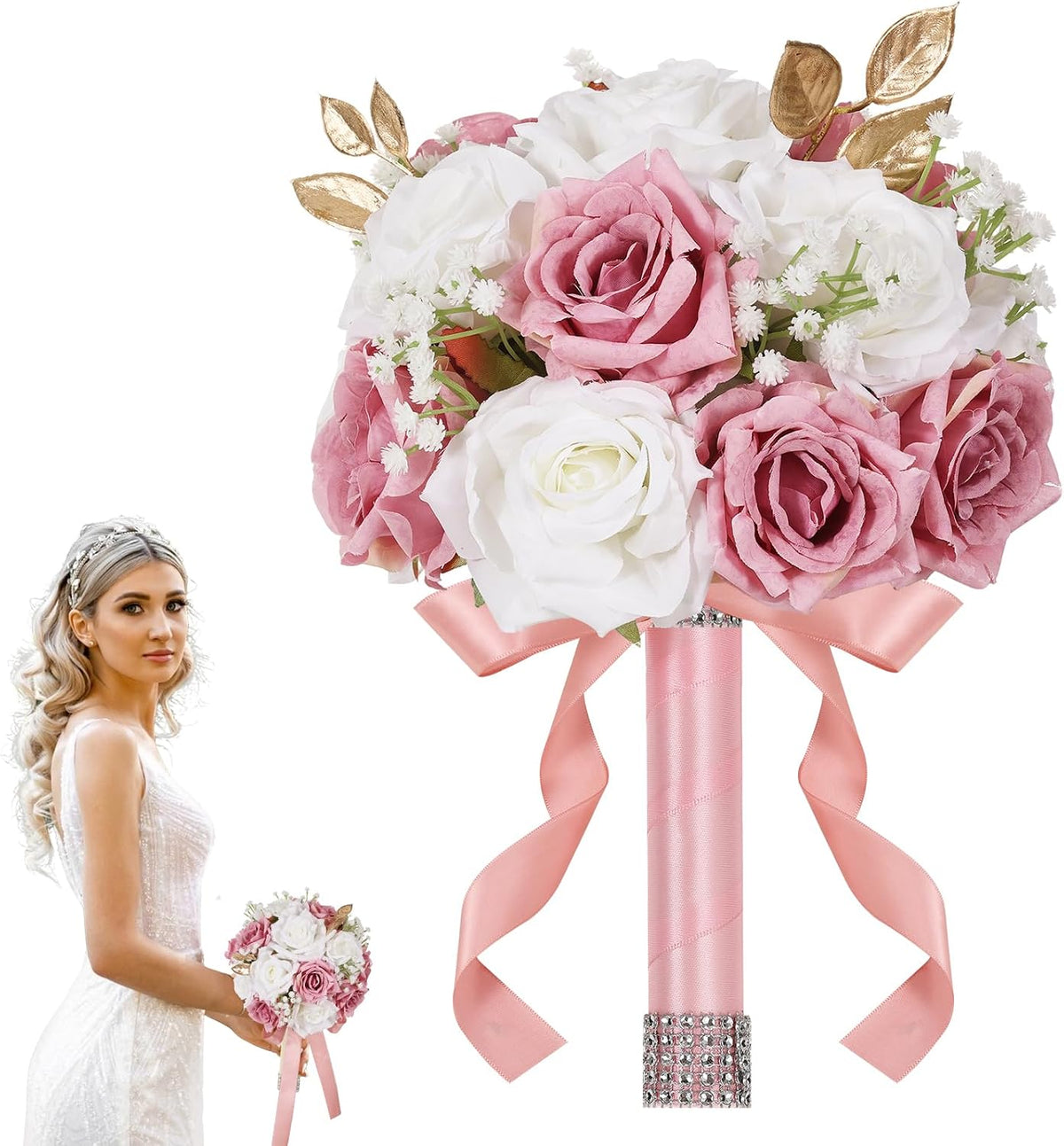 Qeedy Ramos de Boda para Novia - Flores de Seda Realistas Rosas Art...