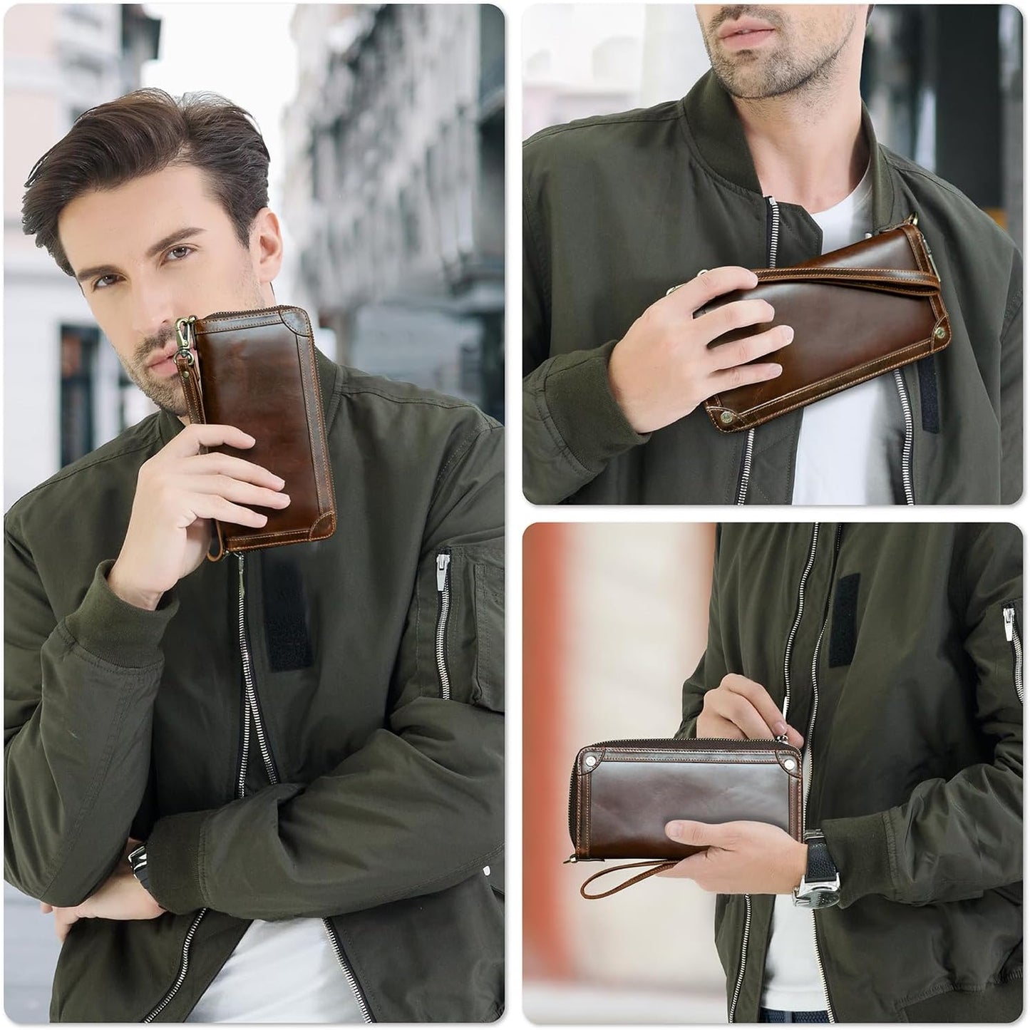 Cartera de mano de piel auténtica aceitada de grano superior para h...