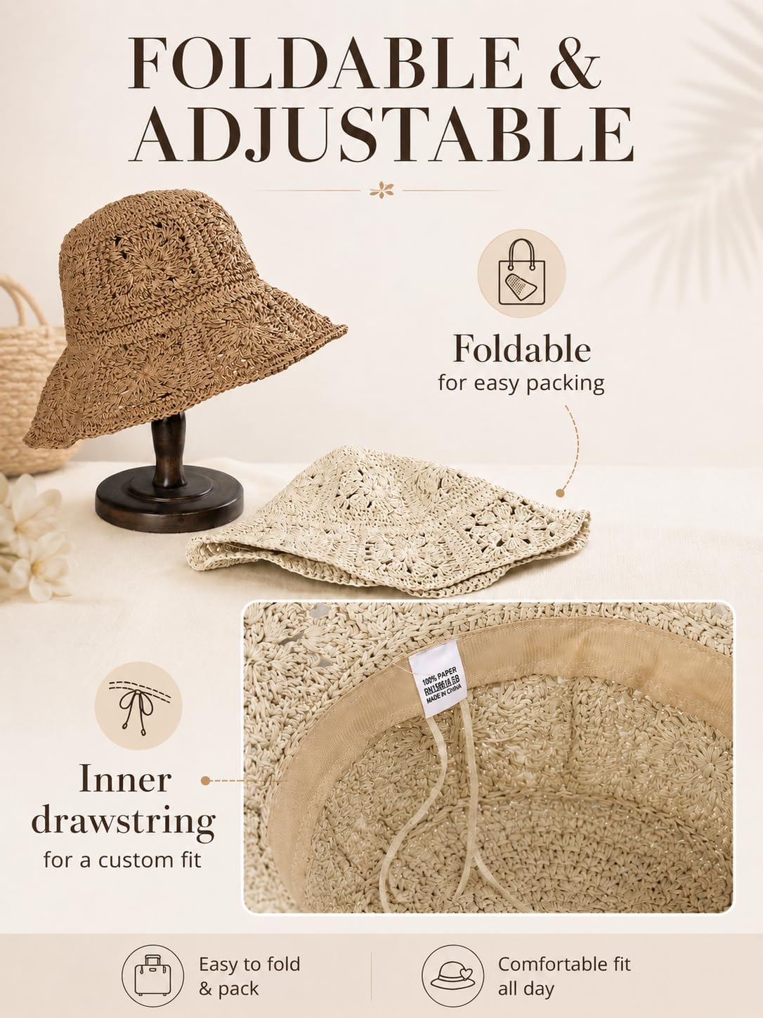 Sombrero de paja para mujer, sombrero de ganchillo tejido floral, a...