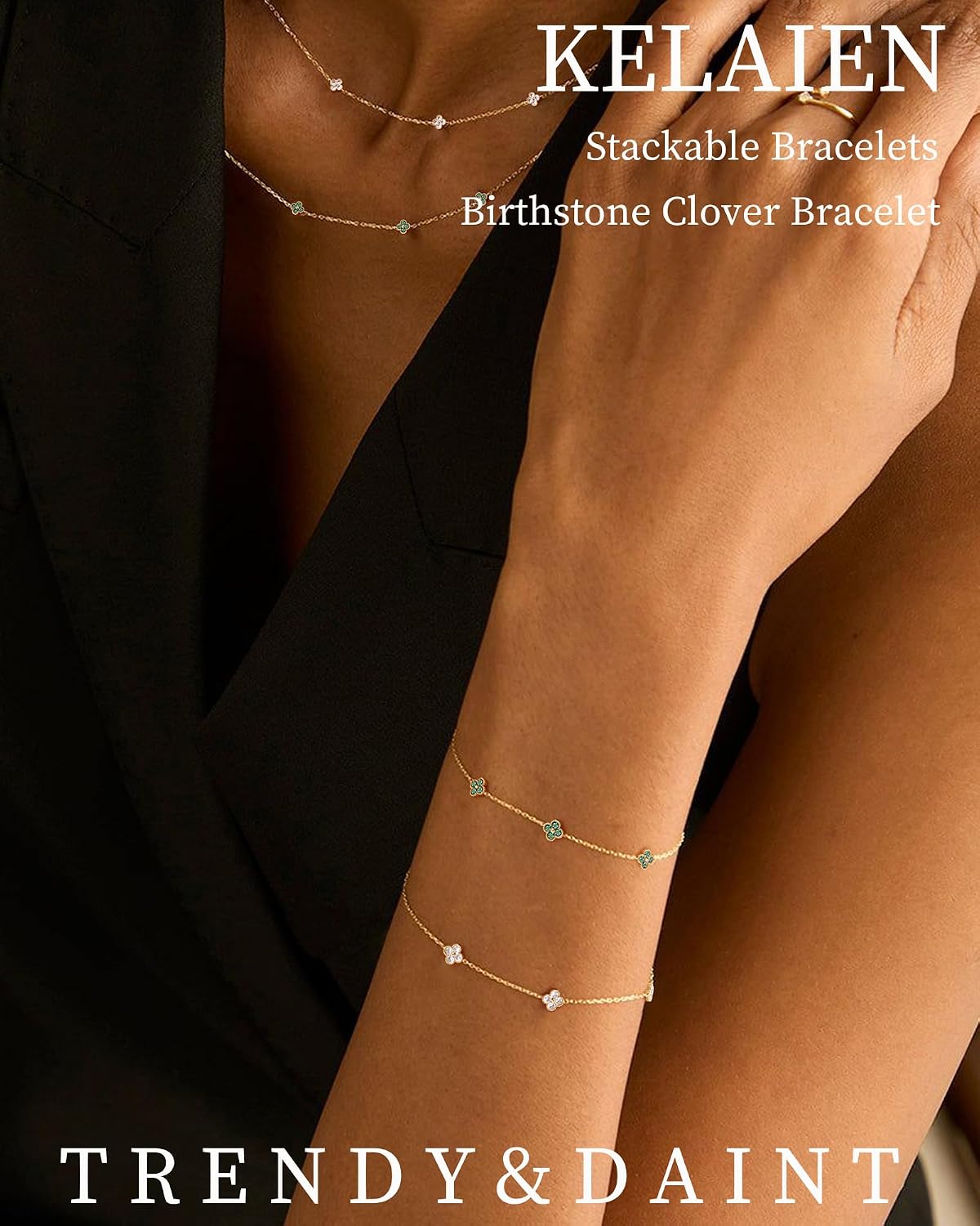 KELAIEN Pulsera de trébol de oro con piedra de nacimiento Pulsera d...