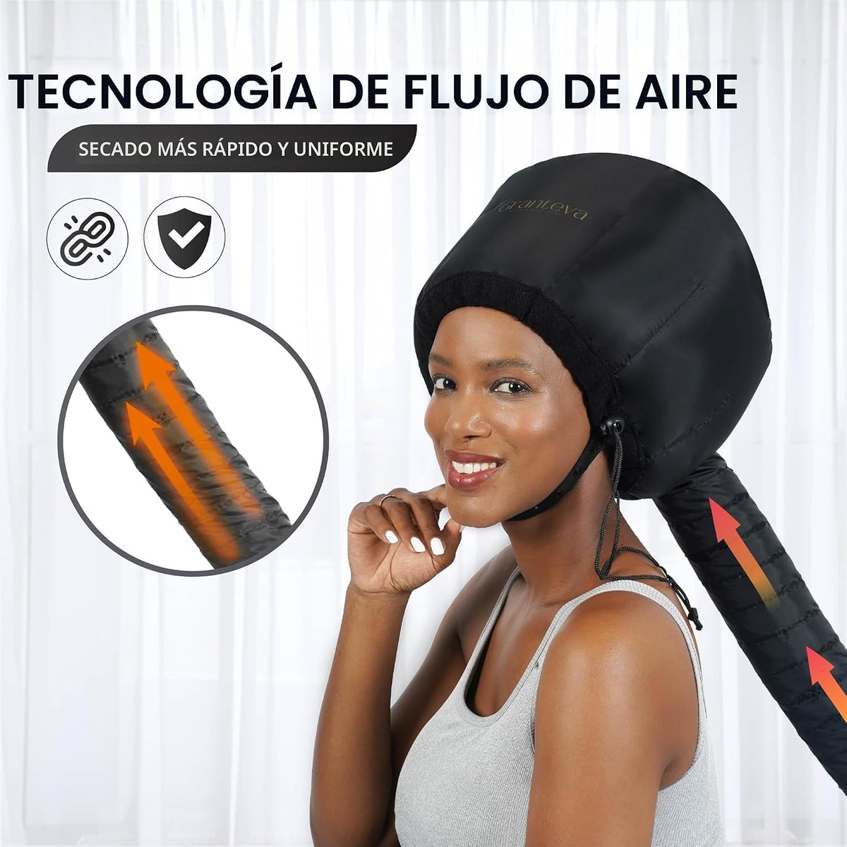 Secador de pelo con capucha y diadema integrada que reduce el calor...