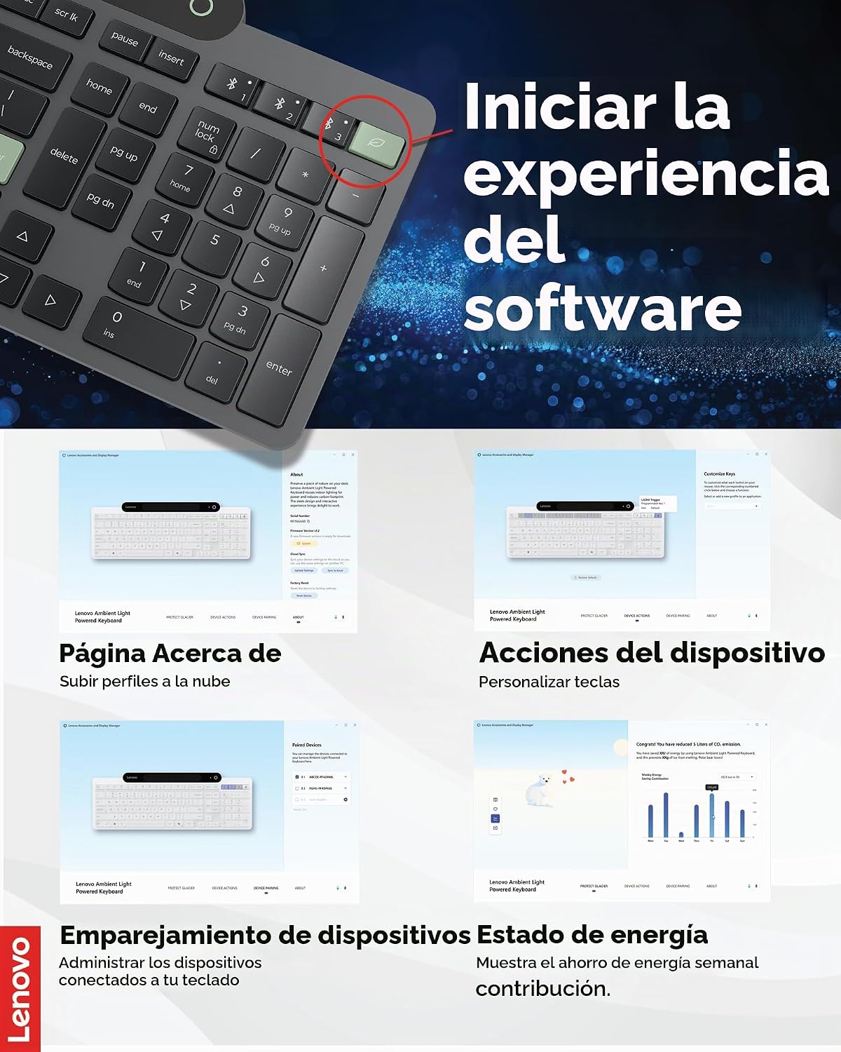 Lenovo 800 Teclado Bluetooth Autocargable, Utiliza Luz Ambiental pa...
