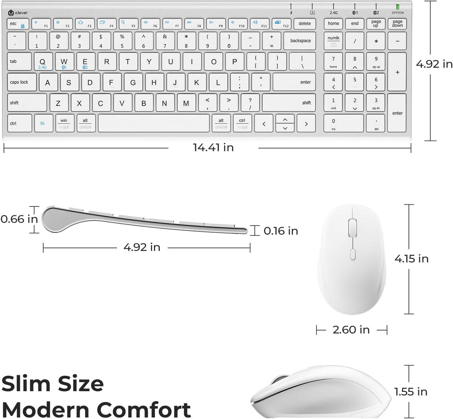iClever Combo de teclado y mouse inalámbricos Bluetooth DK05, blanc...