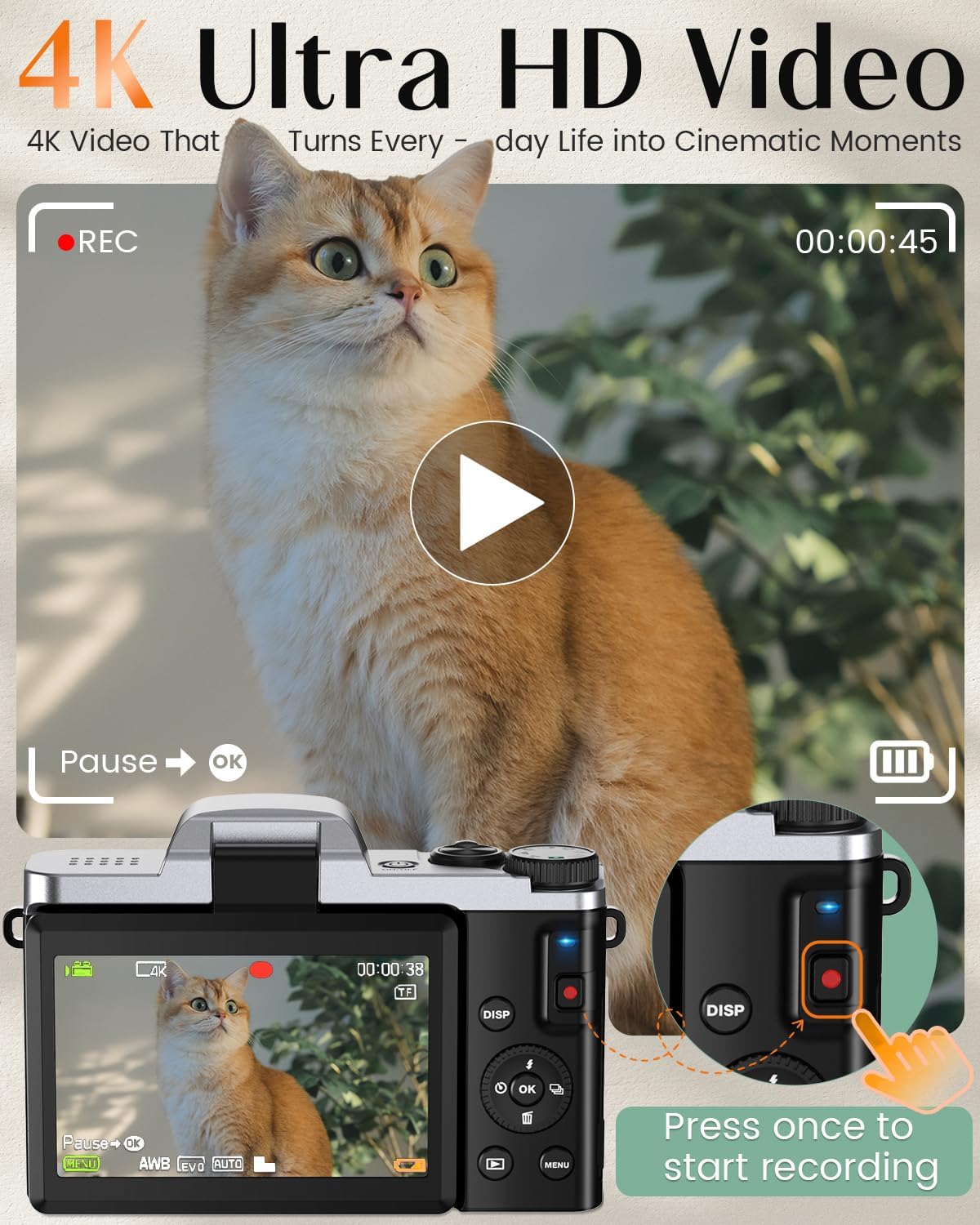 Cámara digital 4K para fotografía con WiFi, cámara de videoblogs de...