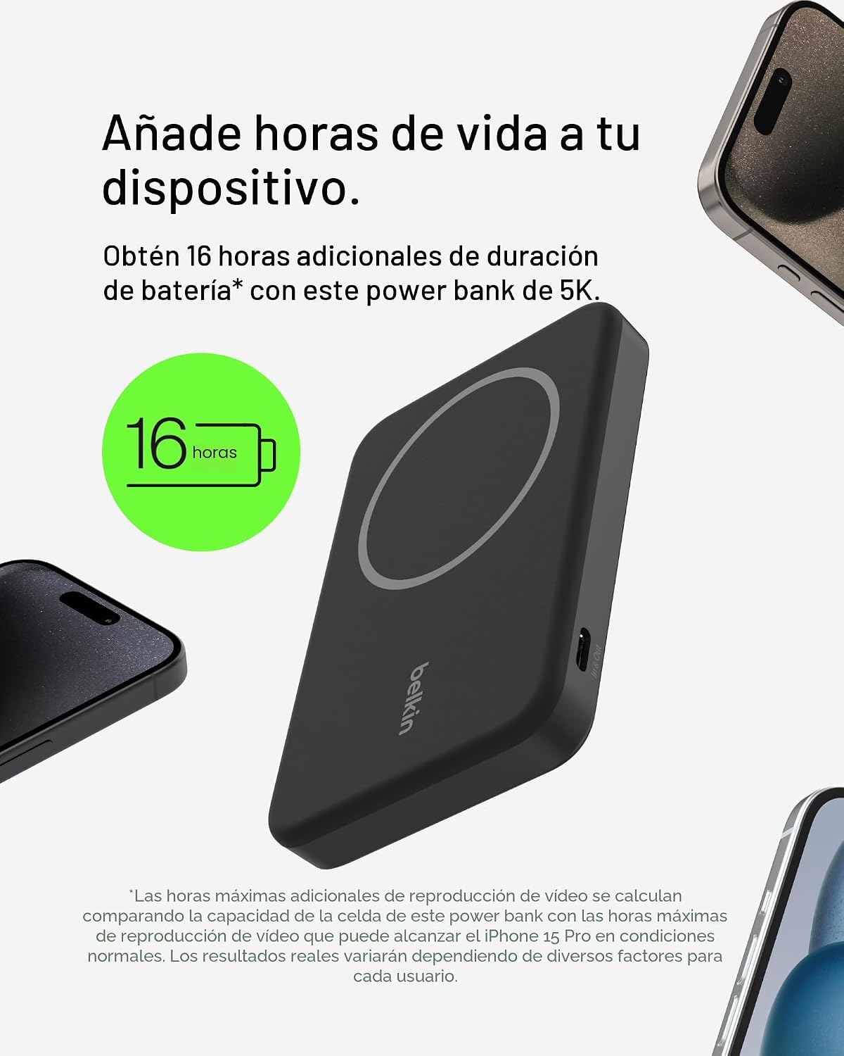 Belkin Cargador portátil, banco de energía inalámbrico de 15 W 5000...
