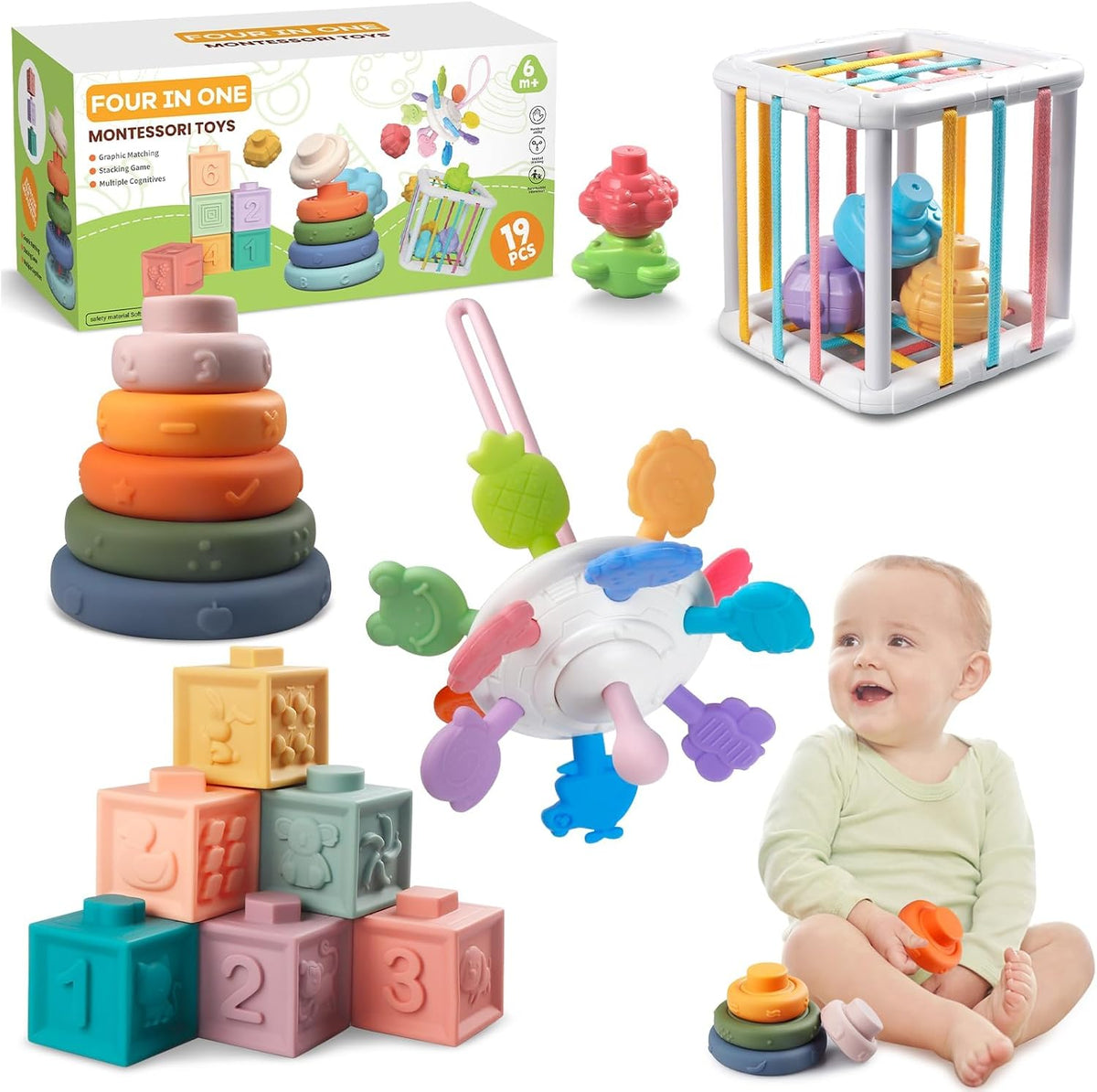 Wuzhineisn Juguetes Montessori para Bebés - Mordedor de Cuerda, Blo...
