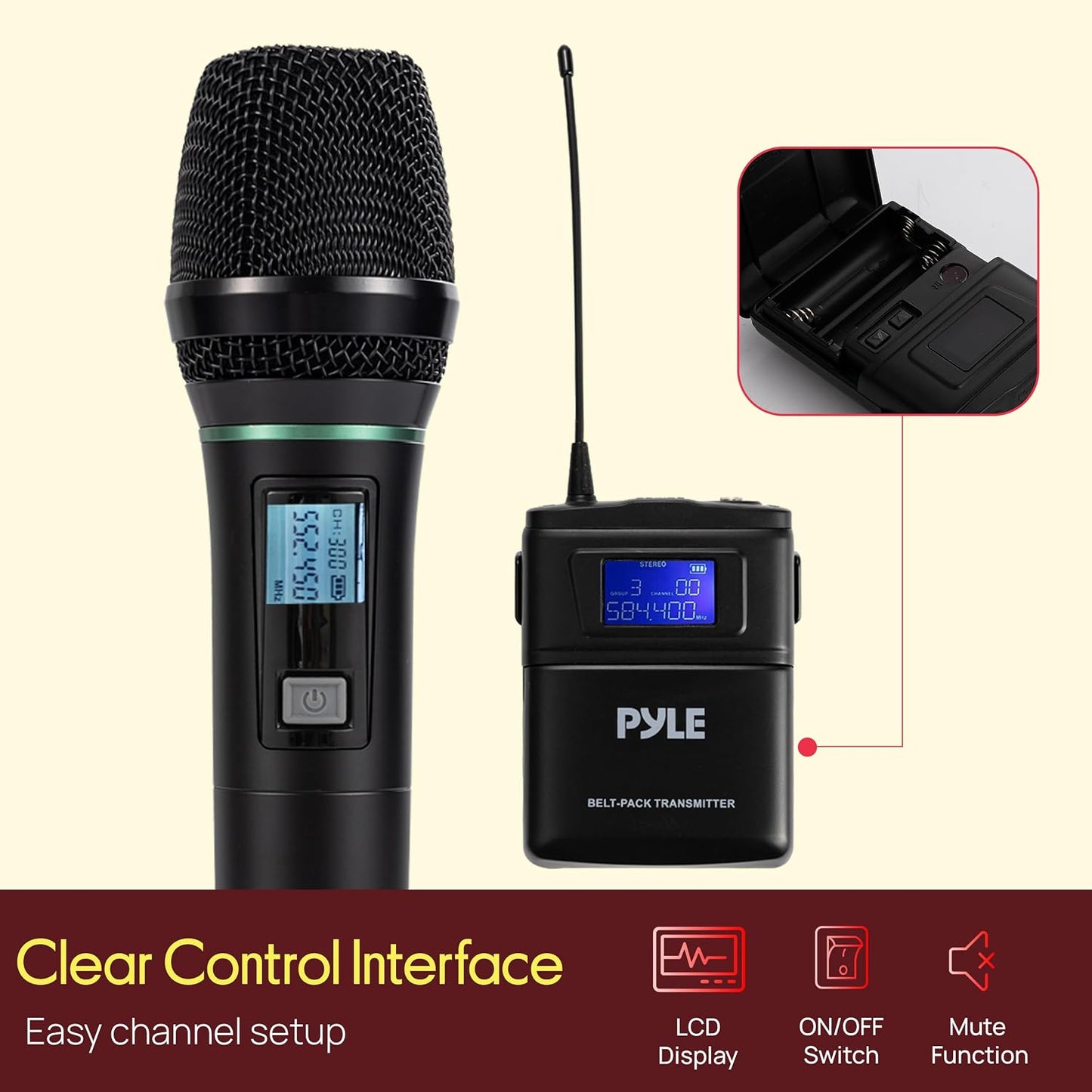 Pyle Sistema de micrófono inalámbrico UHF de 4 canales con 2 micróf...
