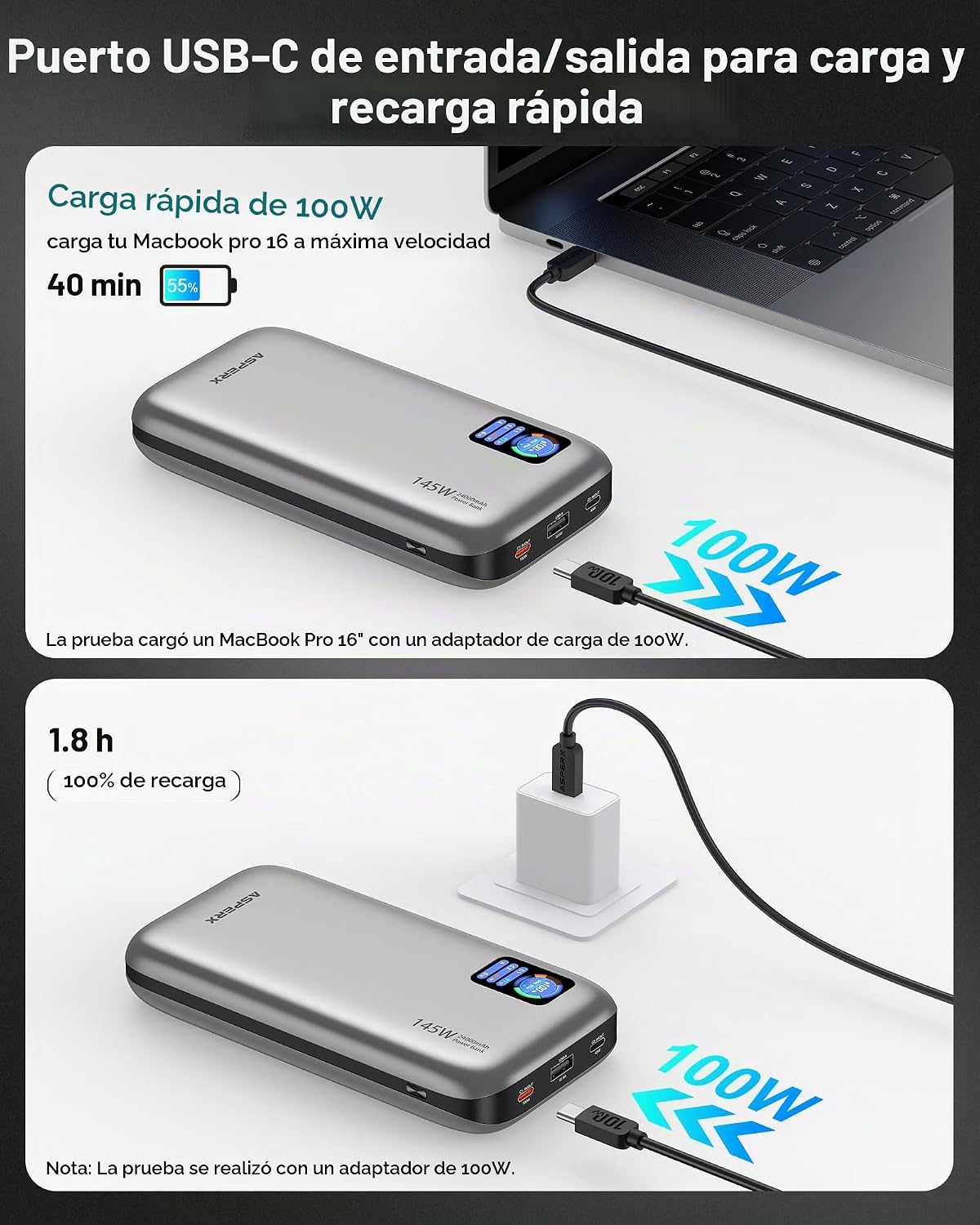 AsperX Cargador de batería portátil de 140 W, 25,000 mAh, cargador...