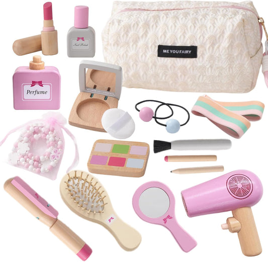 SMARTWO Kit de maquillaje de madera para niñas, juego de salón de b...
