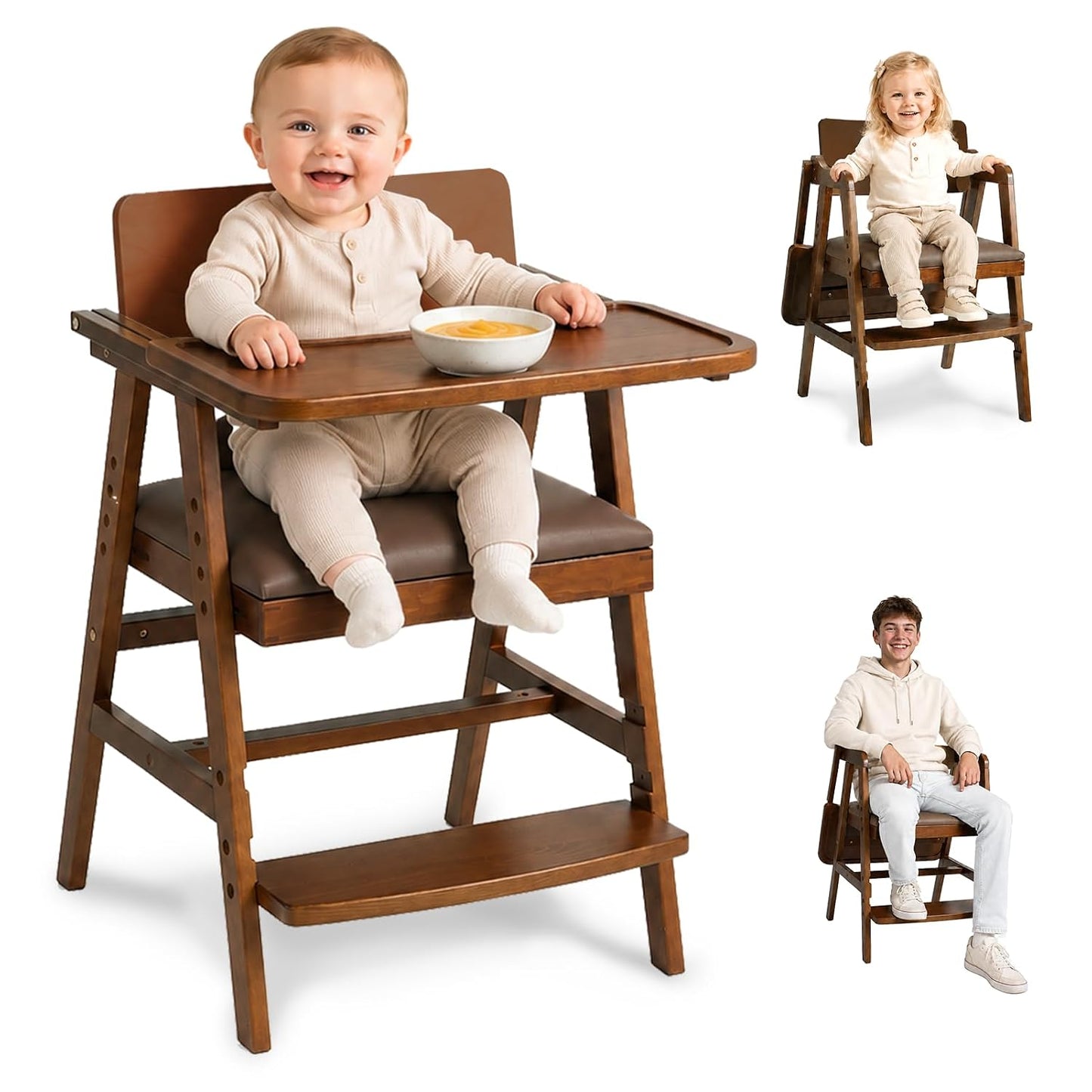 Trona de madera 3 en 1 con escalones y bandeja ajustable para bebés...
