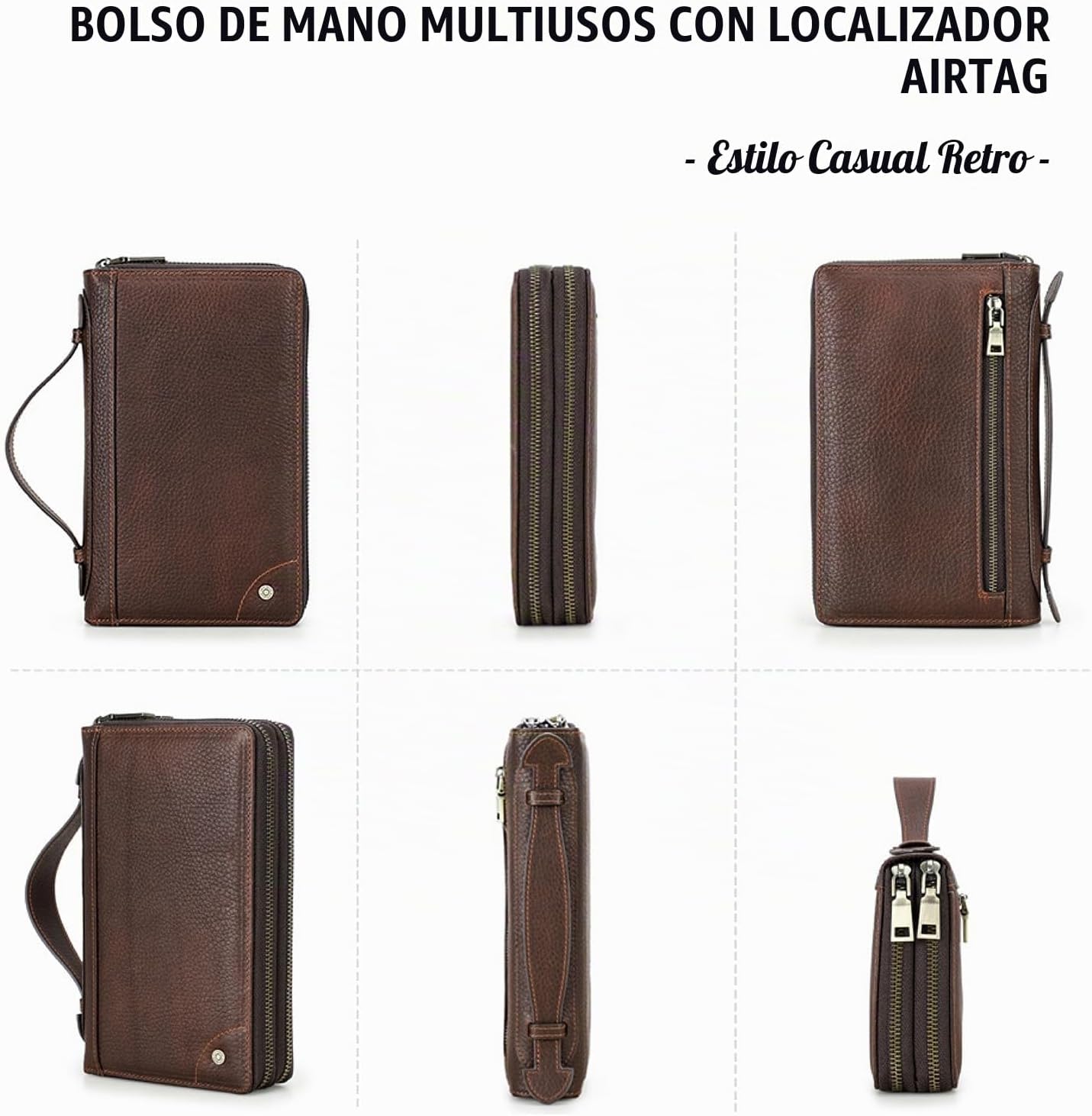 Cartera de cuero genuino de grano superior con cremallera para homb...