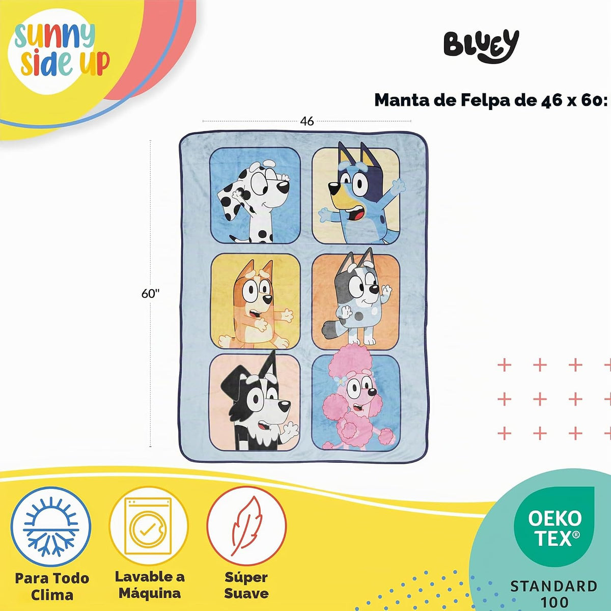 Sunny Side Up Bluey &amp; Friends - Manta de felpa para niños, mide...