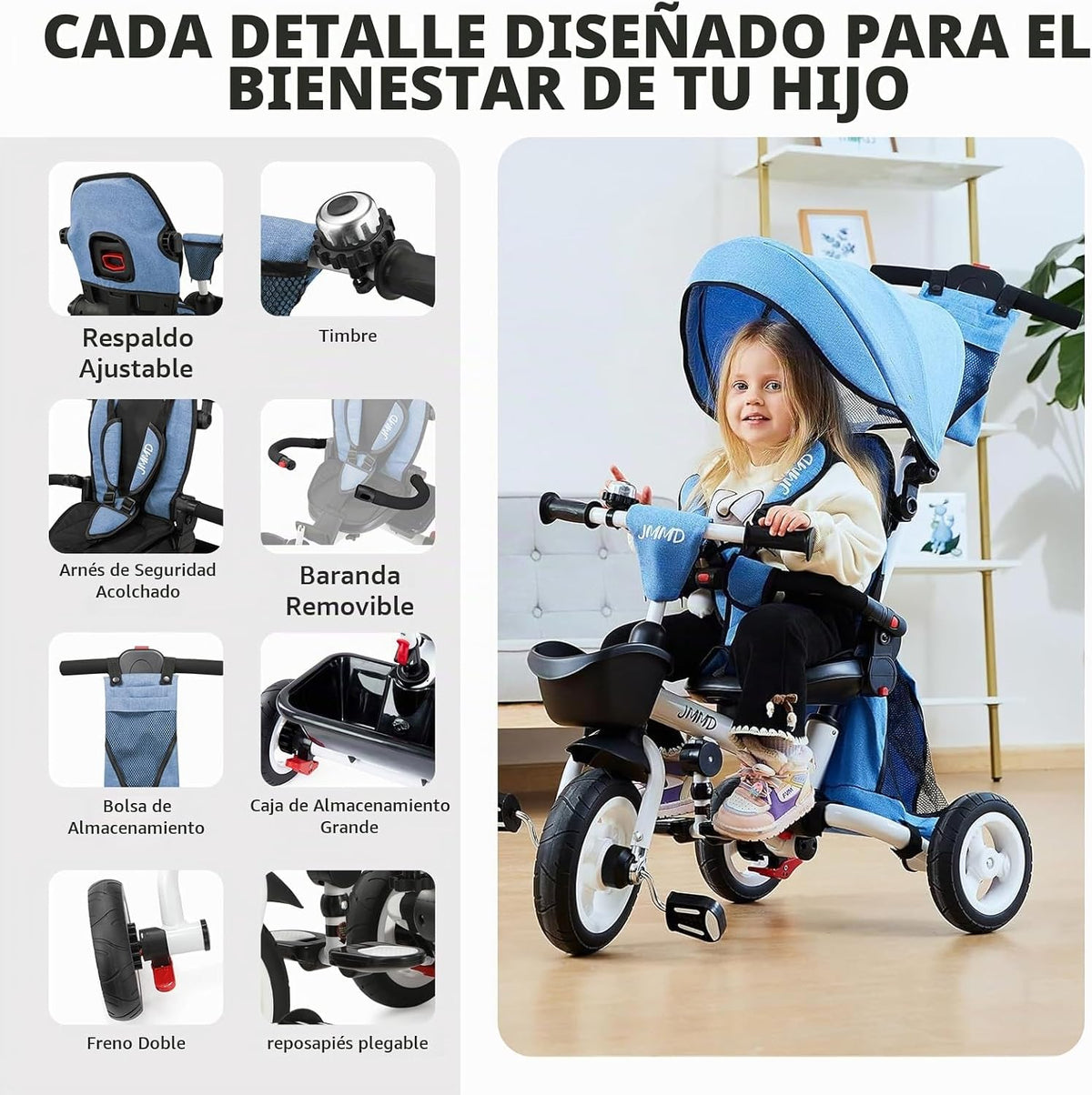 JMMD Cochecito de triciclo 7 en 1 con asa de empuje, triciclo de be...