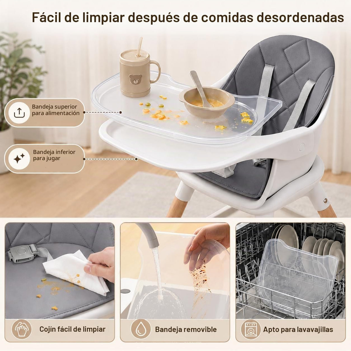 DDIOYIUR Silla alta convertible 6 en 1 para bebé, patas de madera d...