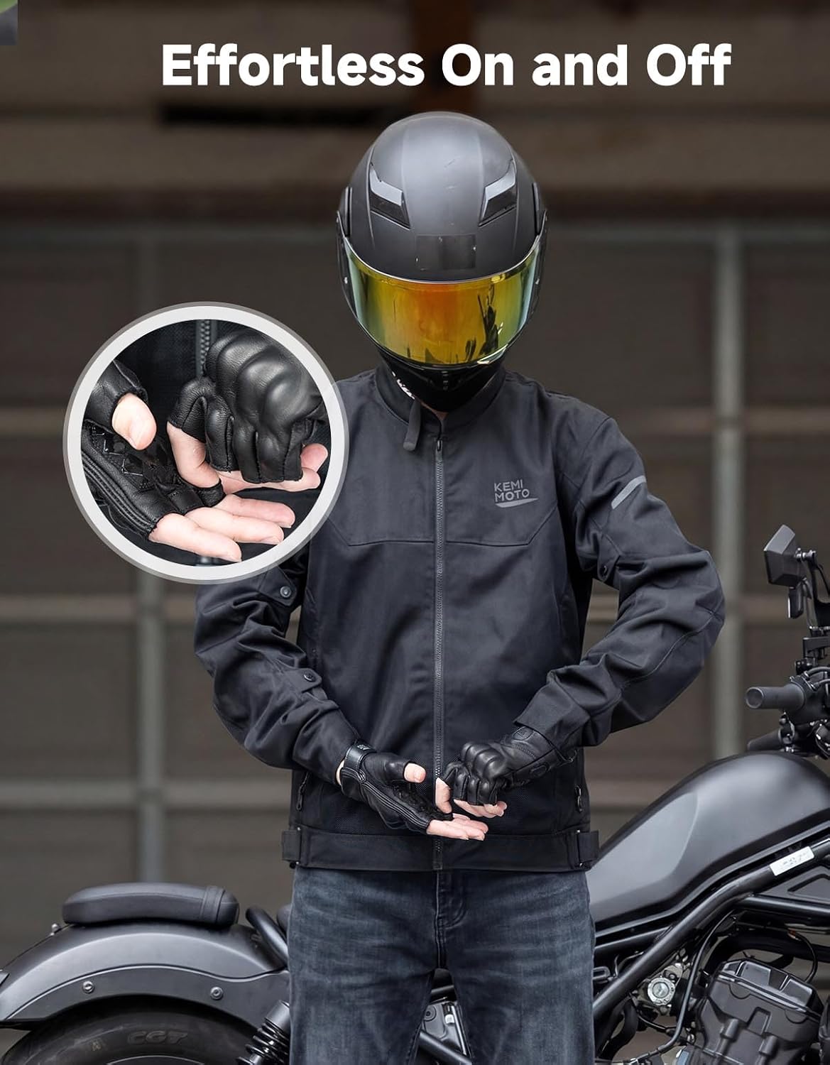 KEMIMOTO Guantes de cuero para motocicleta de medio dedo para hombr...