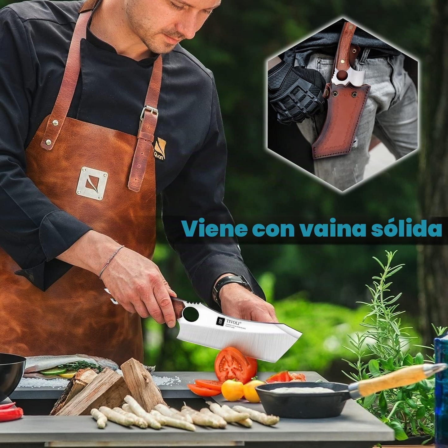 TIVOLI - Cuchillo de carnicero de espiga completa con funda y abrid...