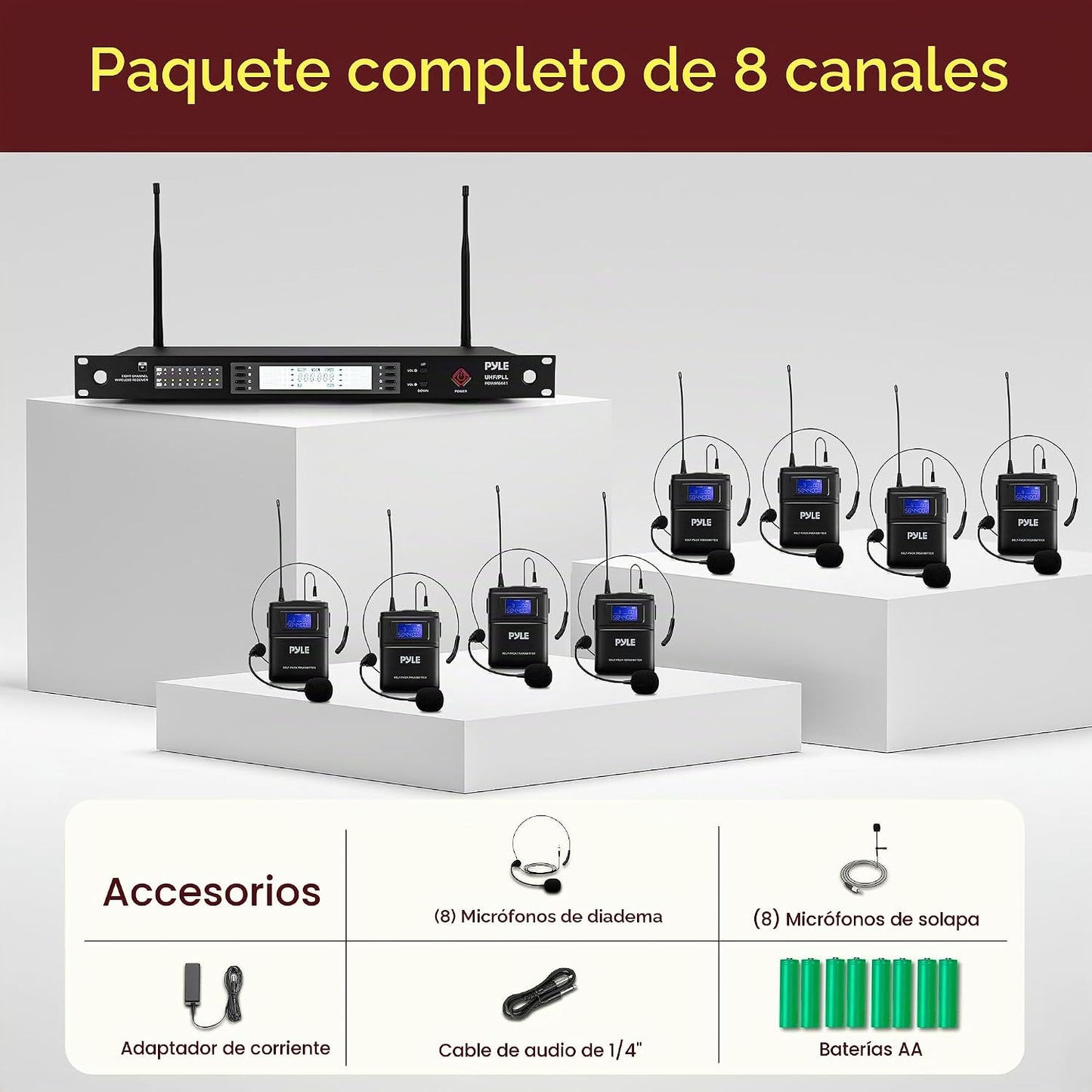 Pyle Sistema de micrófono inalámbrico UHF de 8 canales con 8 micróf...