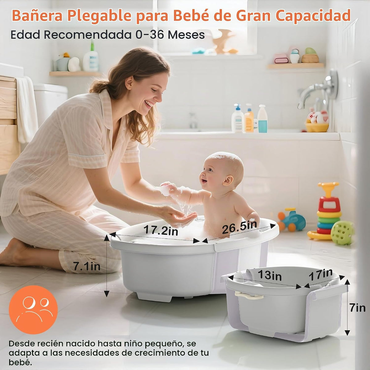 Bañera plegable para bebé, bañera grande para bebé con termómetro y...