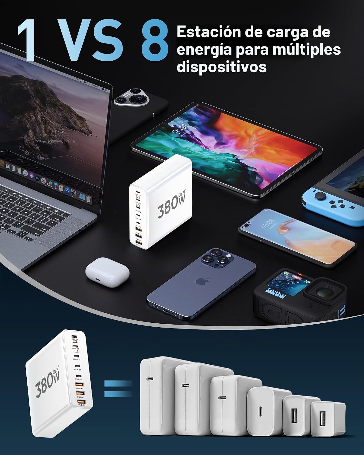 Bloque de cargador USB C de 380 W con 4 cables USB Estación de carg...