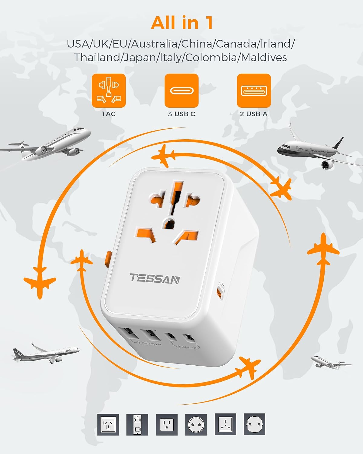 Adaptador universal de viaje TESSAN, GaN 65W | 3 puertos USB C, 2 p...