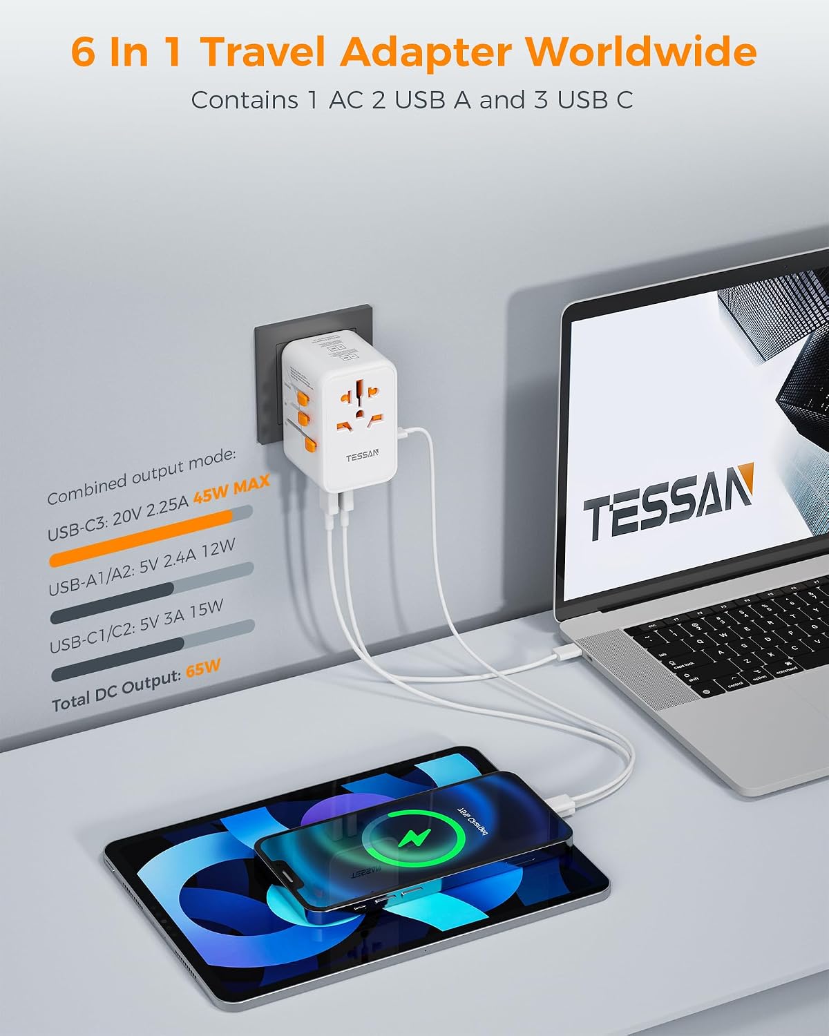 Adaptador universal de viaje TESSAN, GaN 65W | 3 puertos USB C, 2 p...