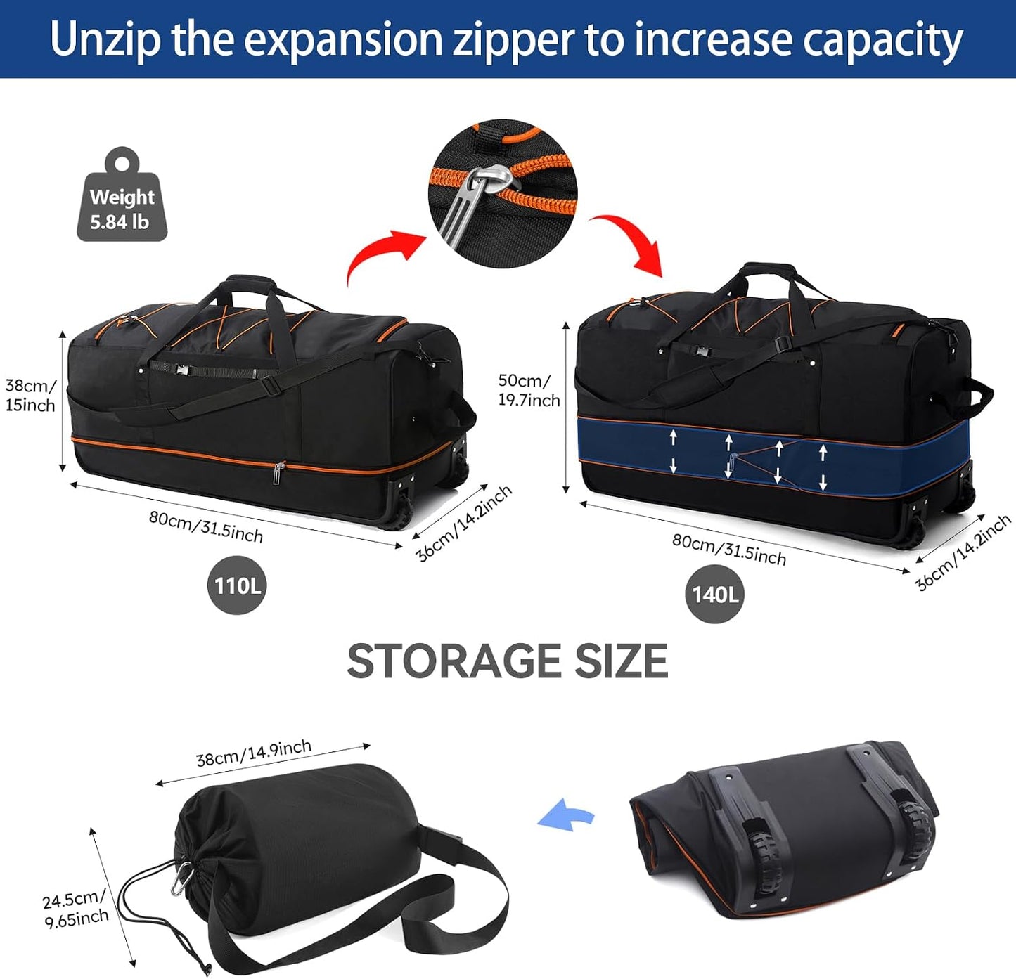Vrtisa 110L Expandible a 140L Bolso de viaje plegable de 32" co...