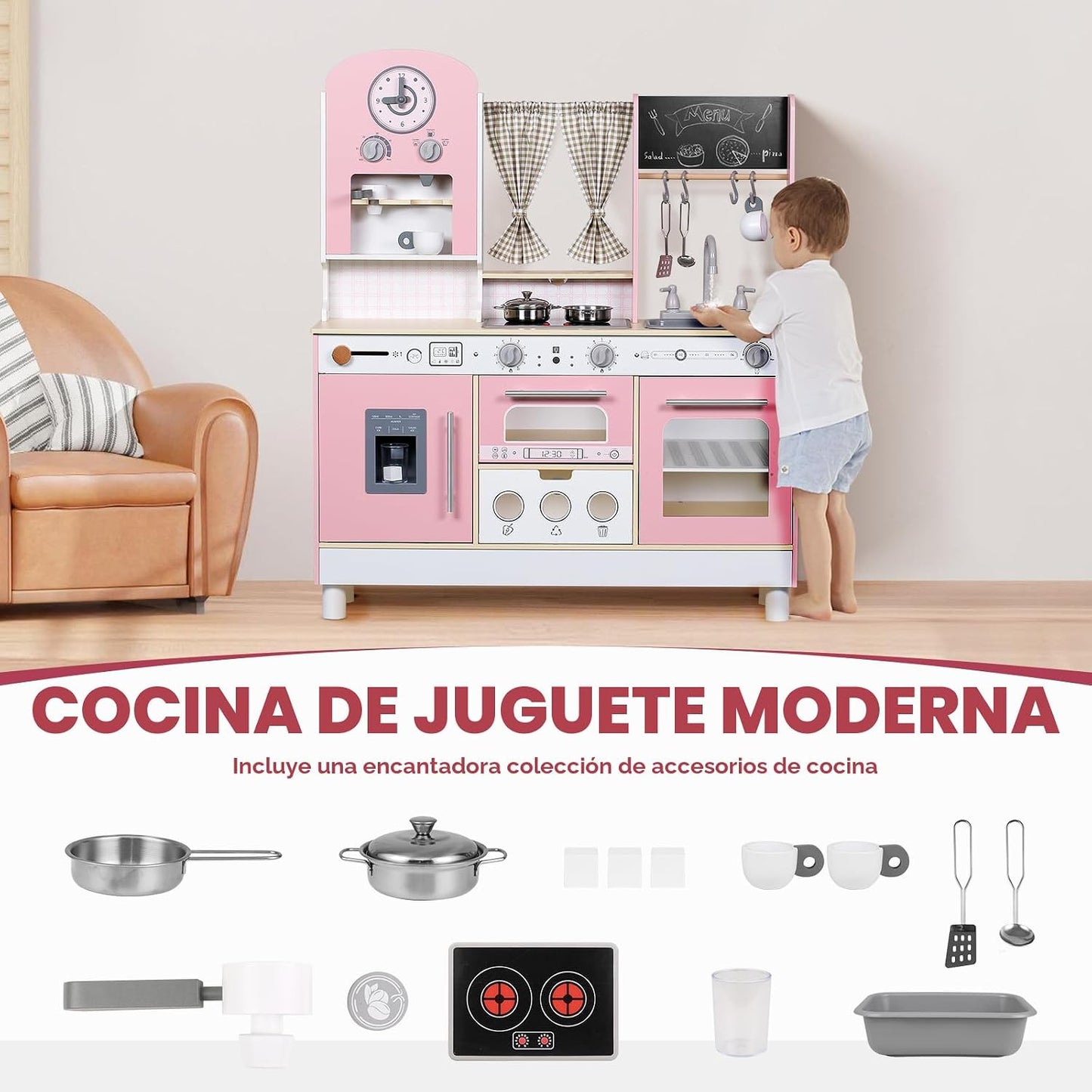 EDUBEBO Juego de cocina para niños, cocina de juego de madera, altu...