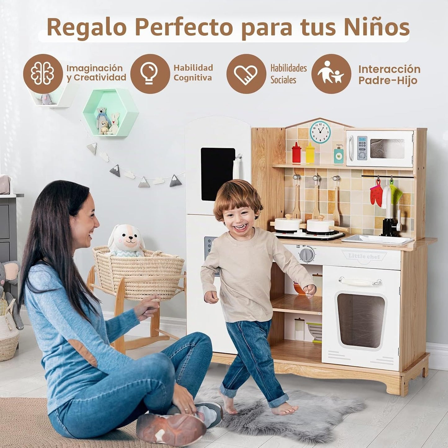 HONEY JOY Juego de cocina para niños, cocina de madera para niños p...