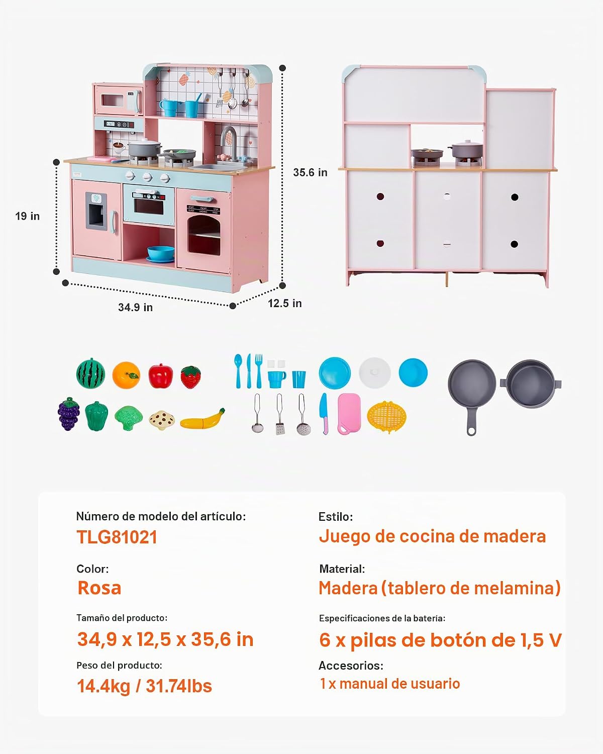 VEVOR Cocina de Juguete de Madera, Cocina de Juego para Niños con L...