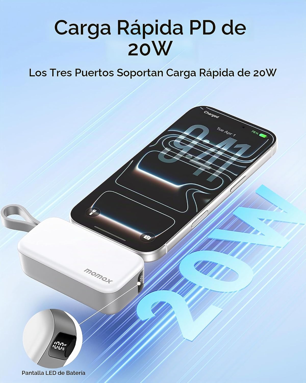 MOMAX Cargador portátil, 5000 mAh pequeño banco de energía PD 20 W...