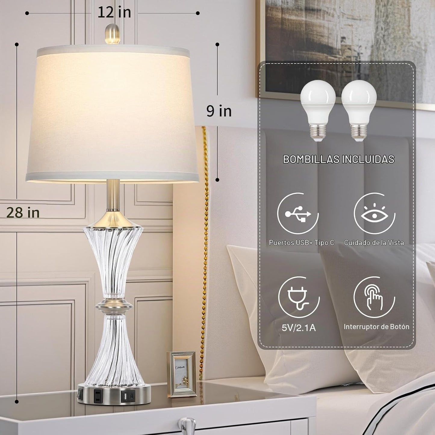 Rinweey - Lámpara de mesa de vidrio de cristal con puertos USB C+A...