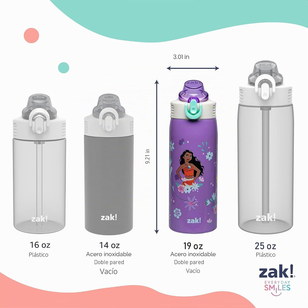 Zak Designs Botella de agua para niños de princesas Disney Sage par...
