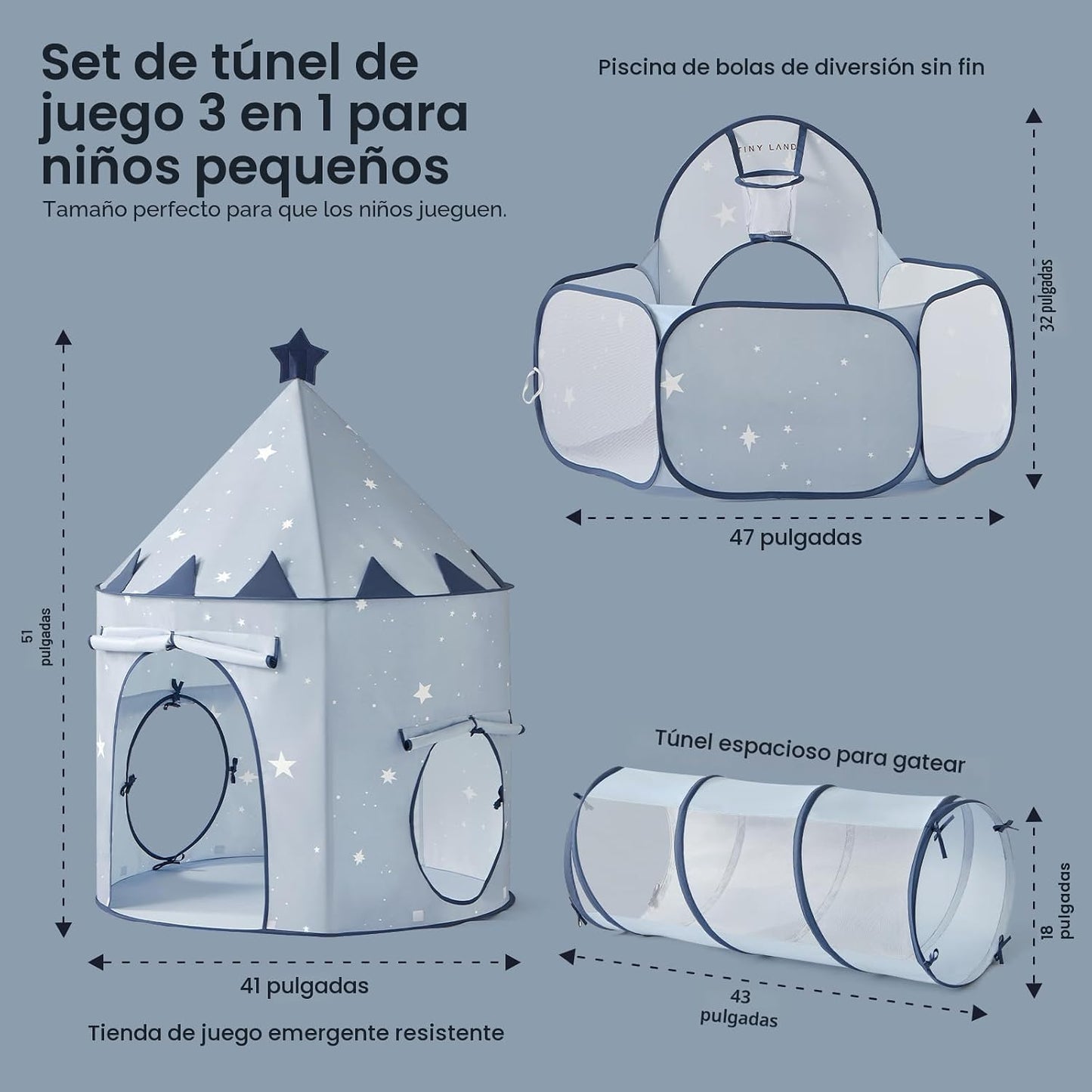 Tiny Land Túnel de bebé 3 en 1 para niños pequeños con piscina de p...