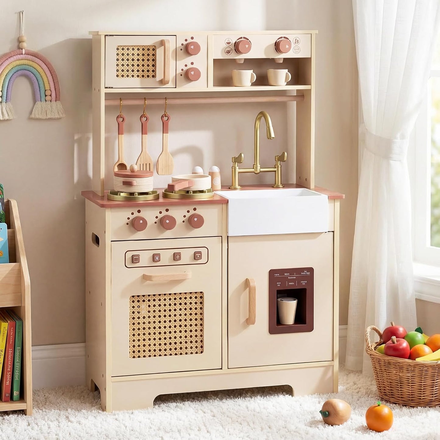 OLAKIDS Play Kitchen, juguete de cocina de madera para niños con so...