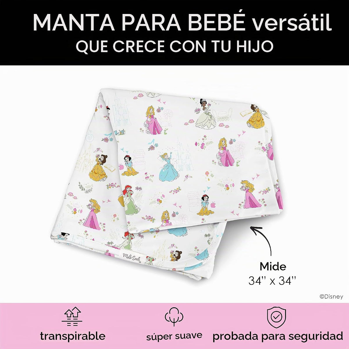Milk Snob Manta para envolver bebés Disney Princesa para niña, suav...