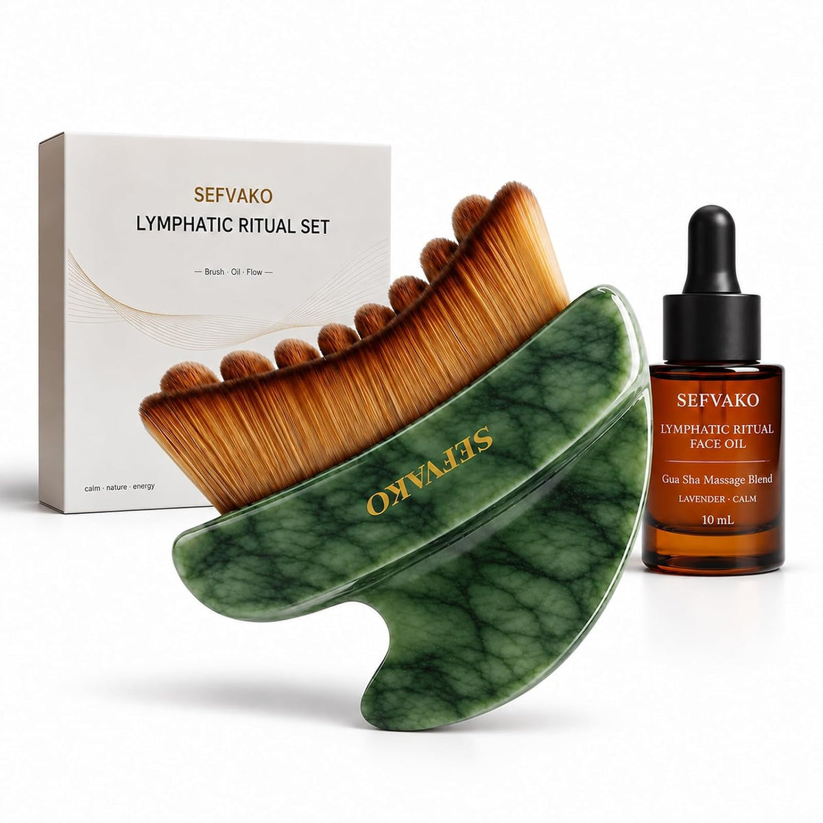 Cepillo facial linfático contorno con aceite, cerdas suaves y jade...