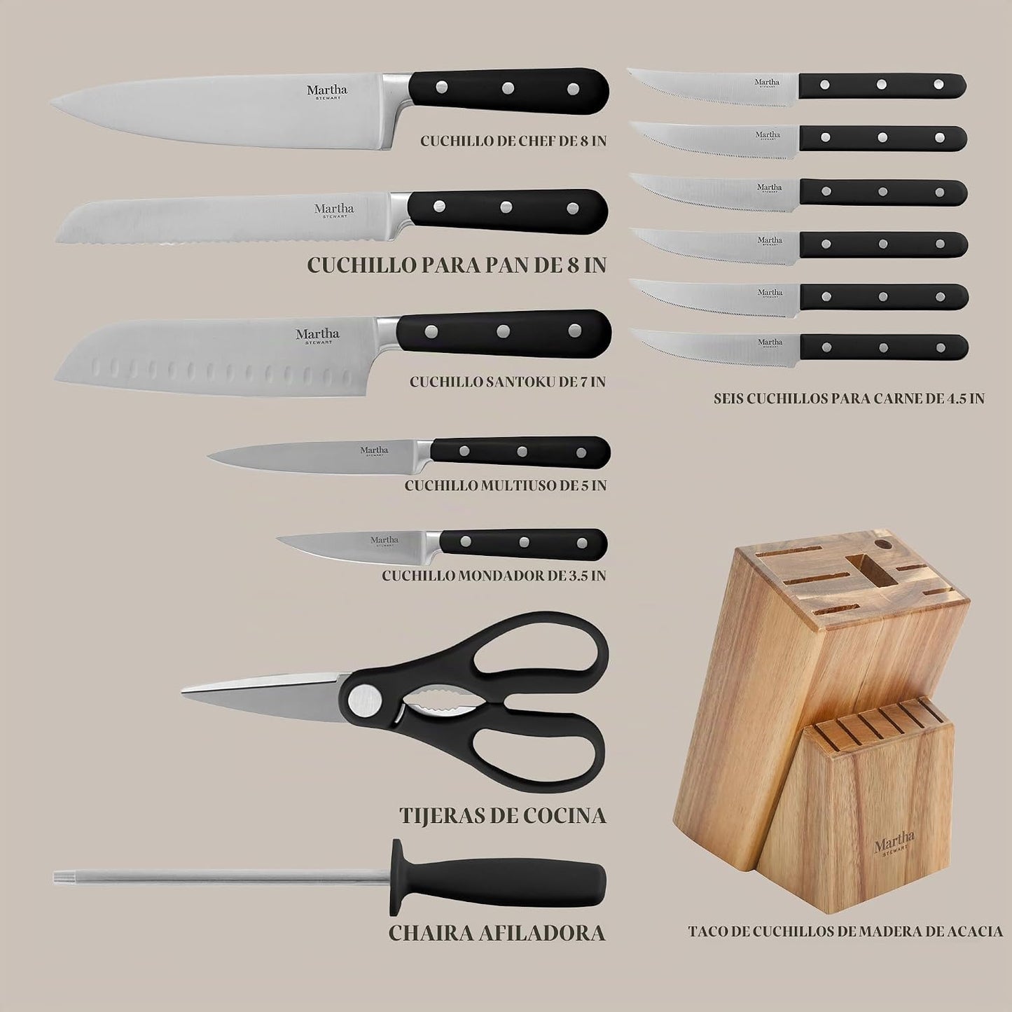 Martha Stewart Eastwalk - Juego de 14 piezas de cuchillos de acero...
