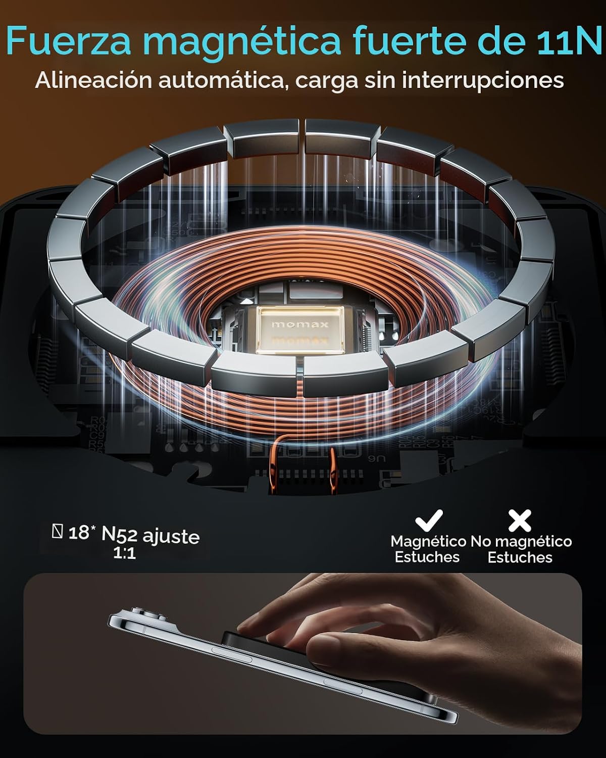 MOMAX Banco de energía inalámbrico magnético de 5000 mAh, cargador...