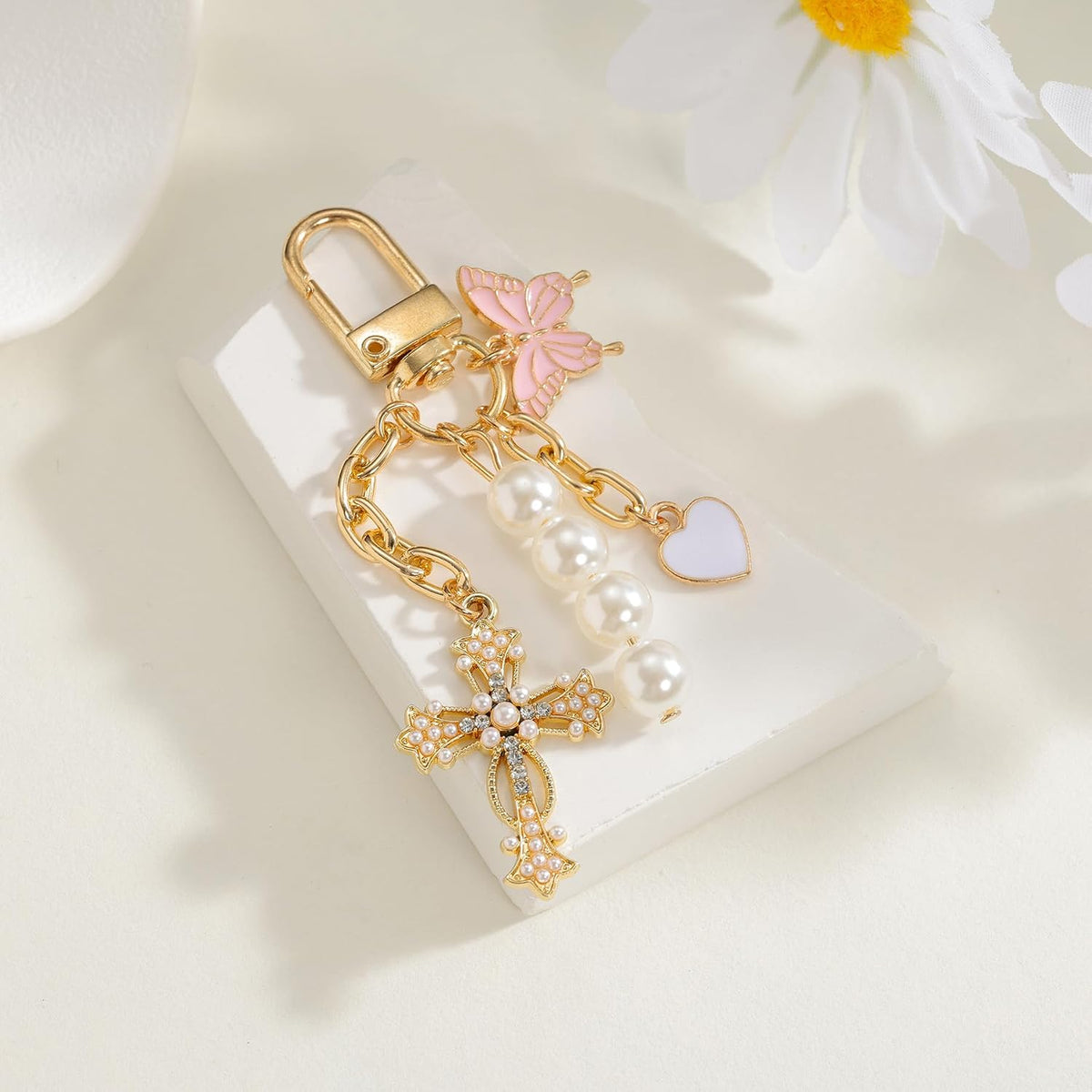 wavaiov Llavero de cruz con forma de corazón y mariposa, accesorios...