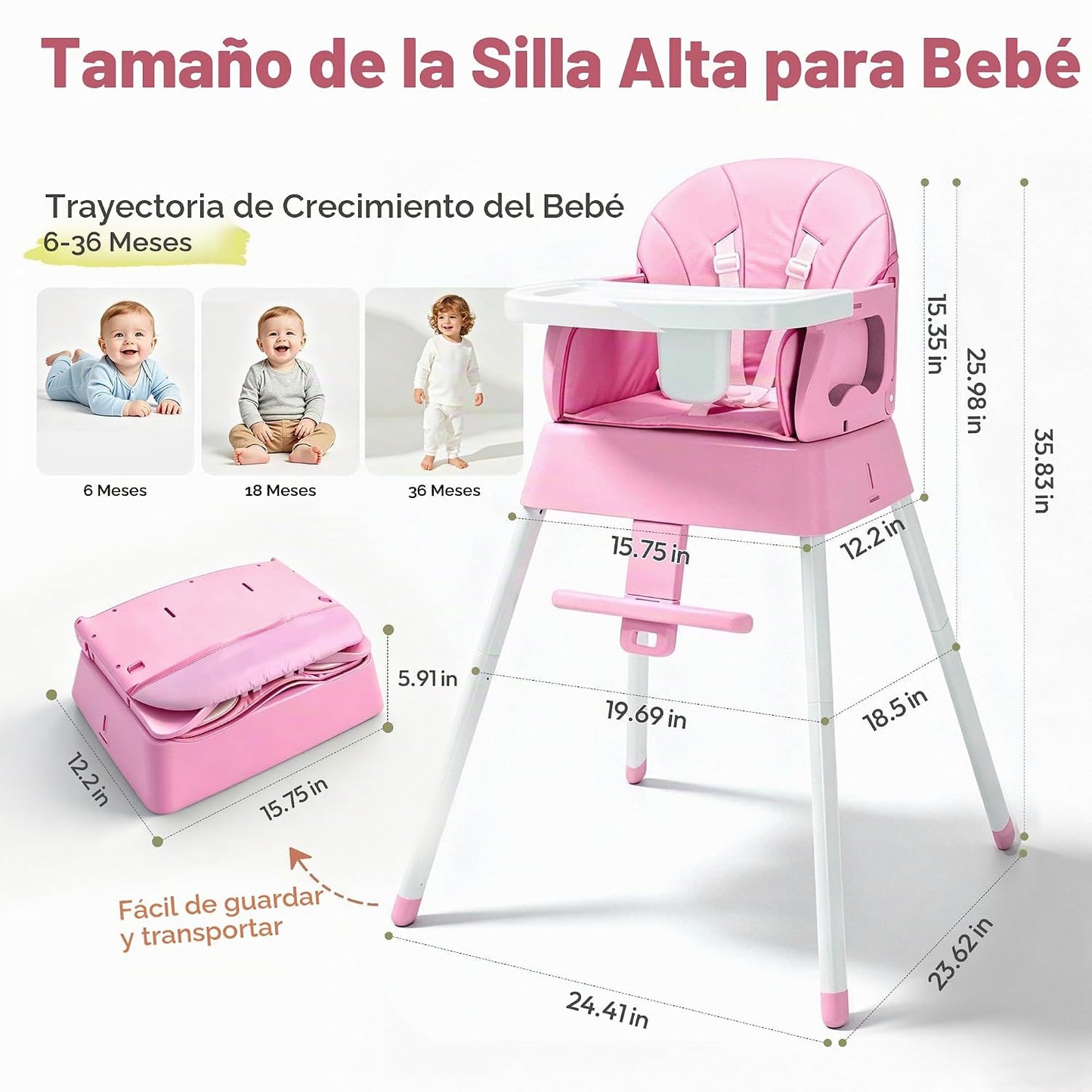 Silla alta plegable 5 en 1, silla alta convertible para bebés y niñ...