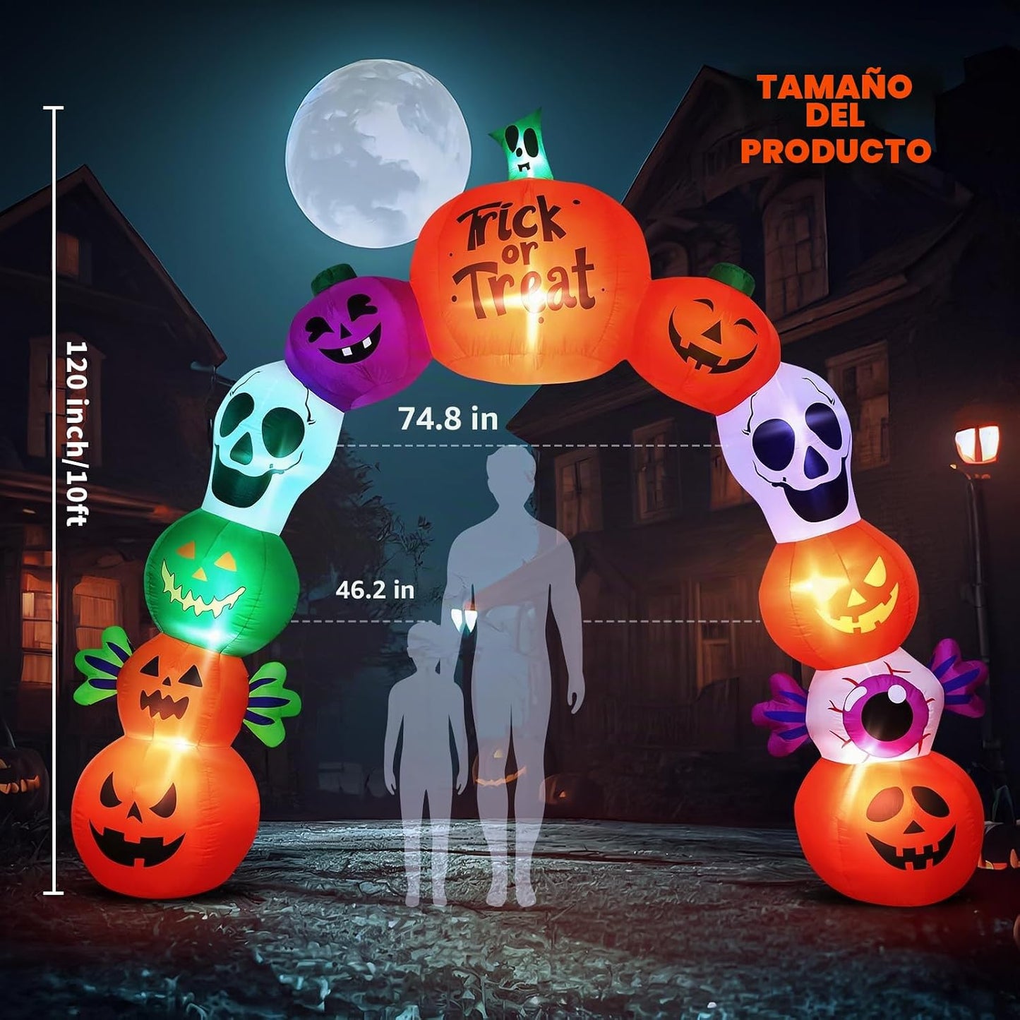 Arco inflable de Halloween de 10 pies, esqueleto de calabaza, decor...