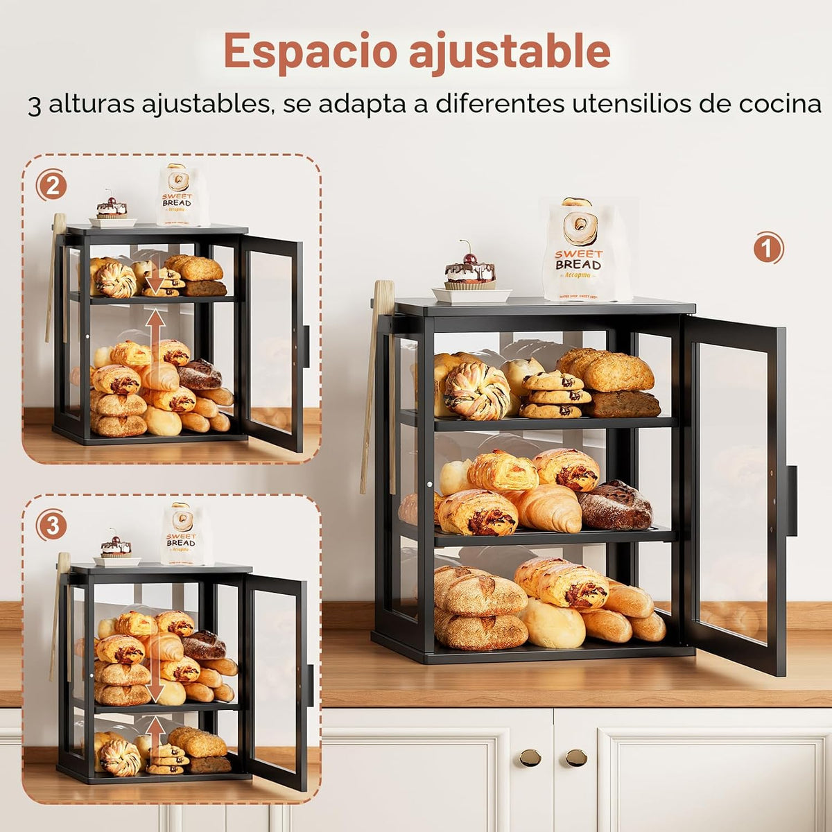 WOWLIVE Caja de Pan Negra para Encimera de Cocina, Contenedor de Al...