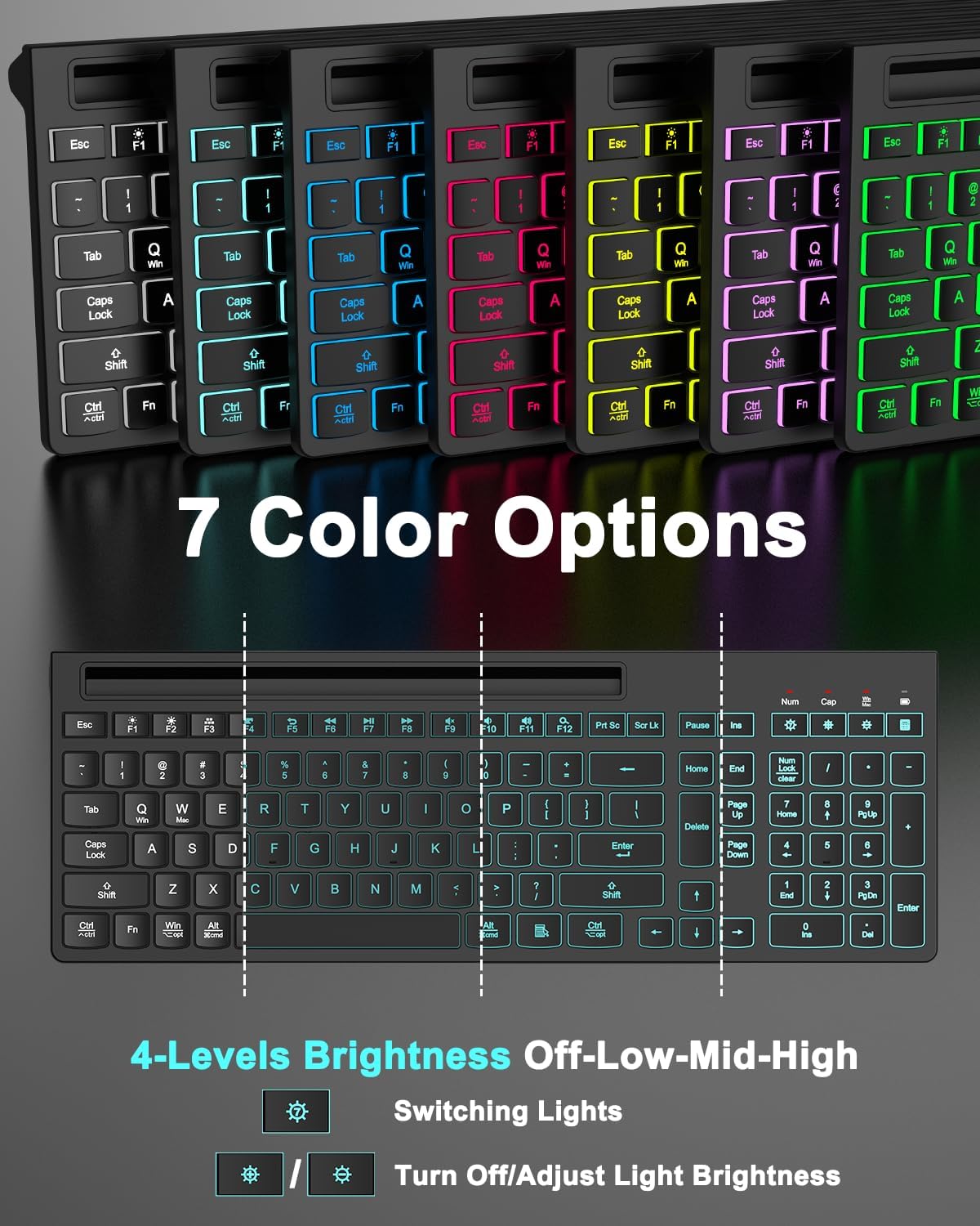Combo de teclado y mouse inalámbricos, 7 efectos retroiluminados, l...